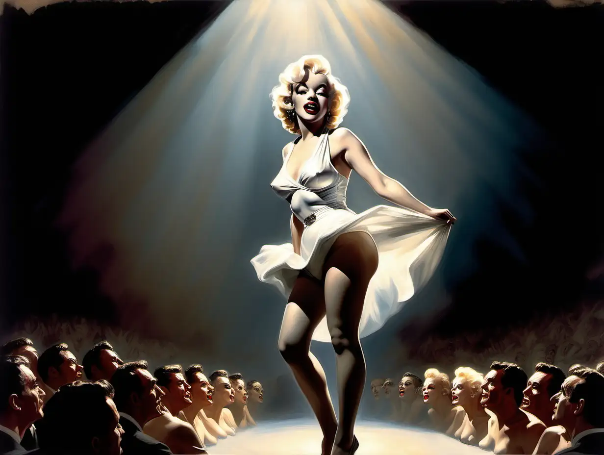 Marilyn Monroe on stage in a spotlight on her Frank Frezetta style painting