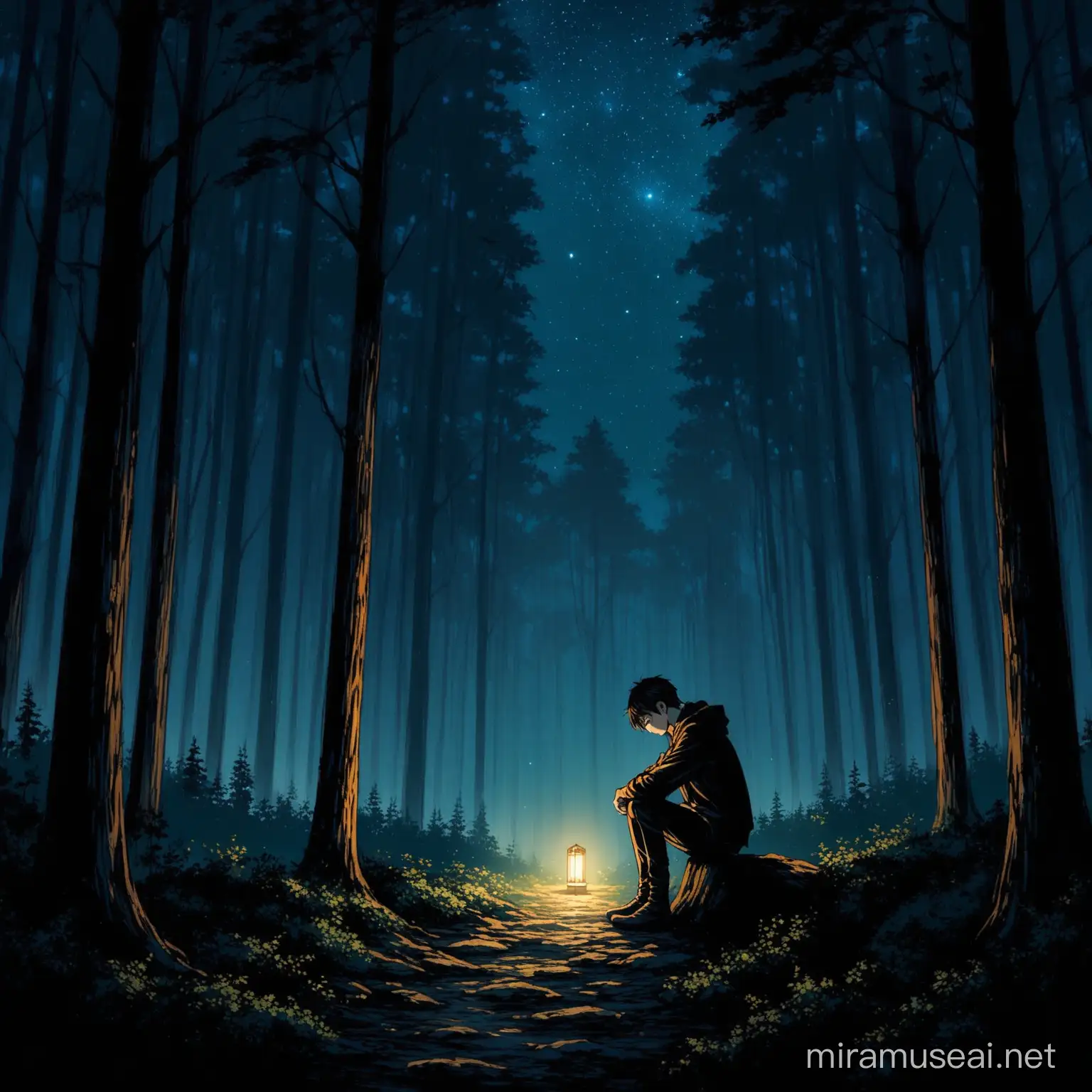 Lonely Man Reflecting in Dark Forest at Night