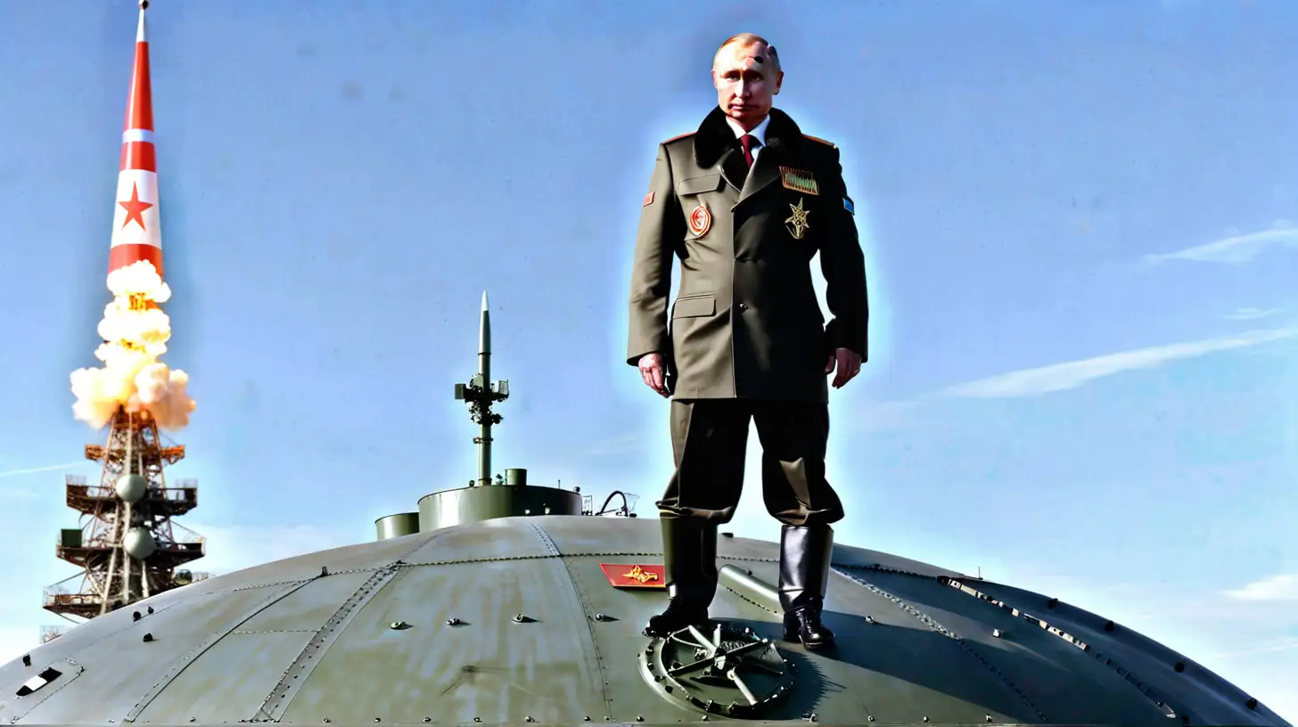 PUTIN IN UNIFORM STANDING on top of a nuke