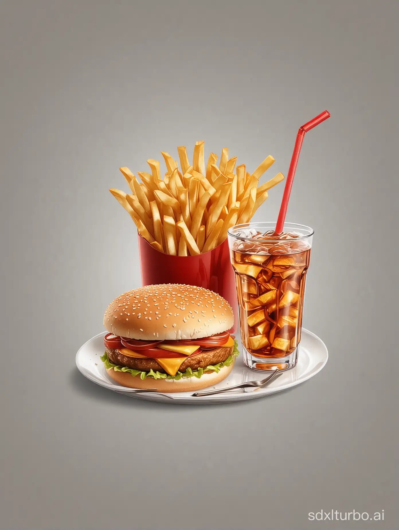 french fries, glass of soda with straw, burger on a plate, realistic, transparent background
