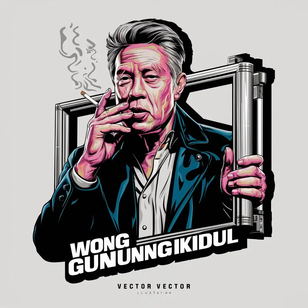 art logo text "WONG GUNUNGKIDUL", a vector of old man with trendy style smoking cigarettes and silver metal frame, art design vector style, vibrant colors, hyperdetailed.