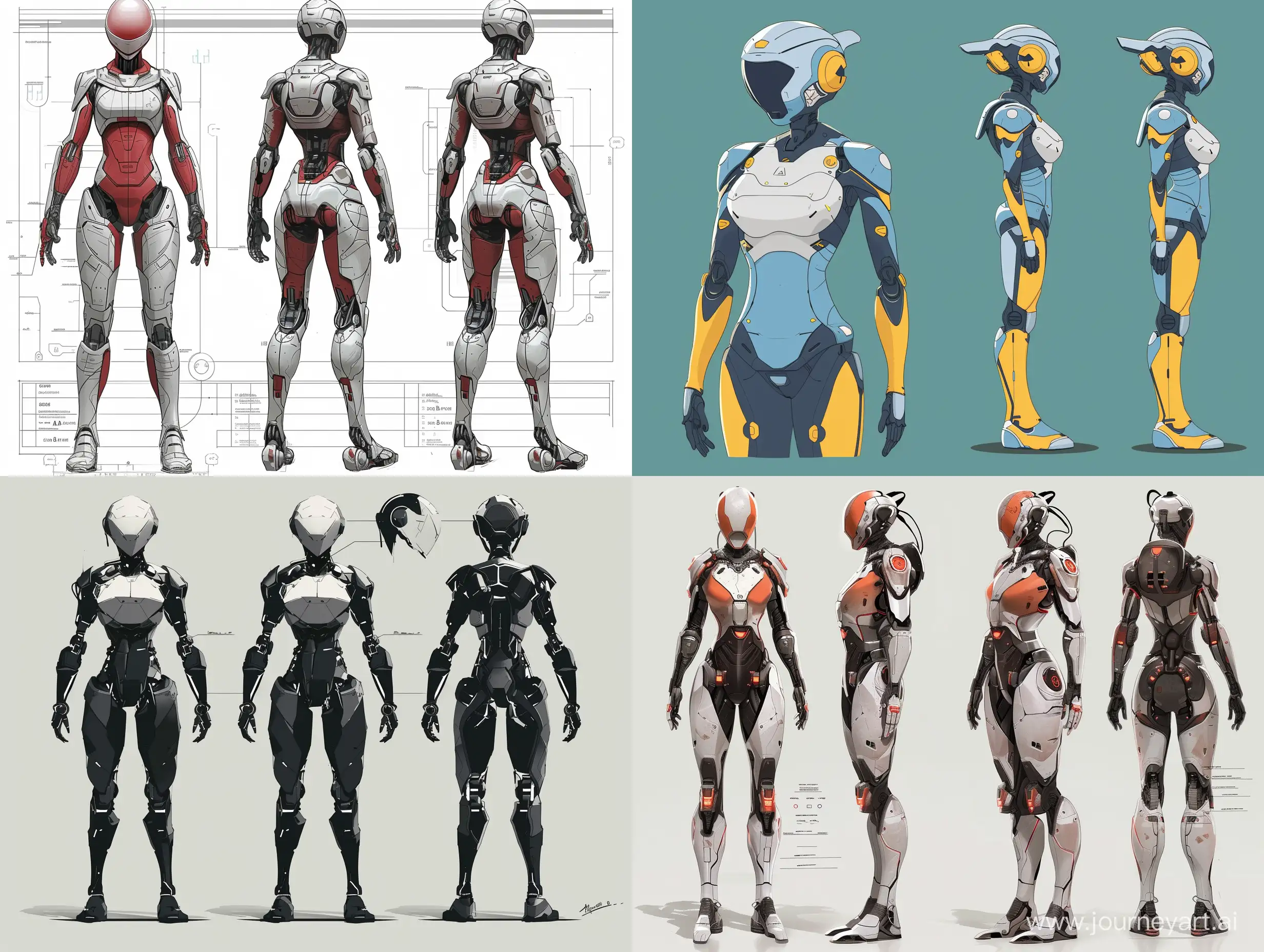 a female robot, character sheet, 2d illustration