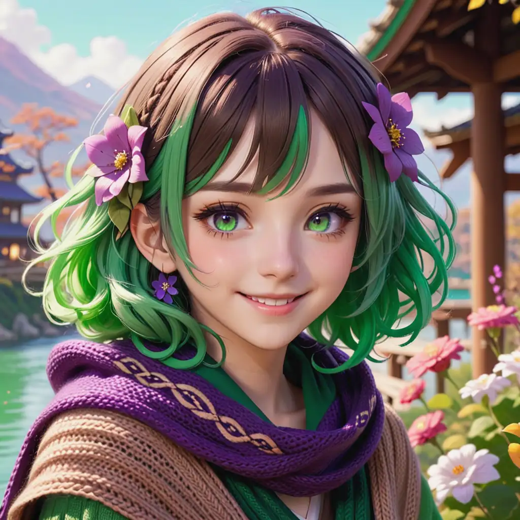 Collei from Genshin Impact, purple eyes, purple eye color, shoulder length wavy green hair, wearing brown knitted shawl with flowers on it, 16 years old, smiling