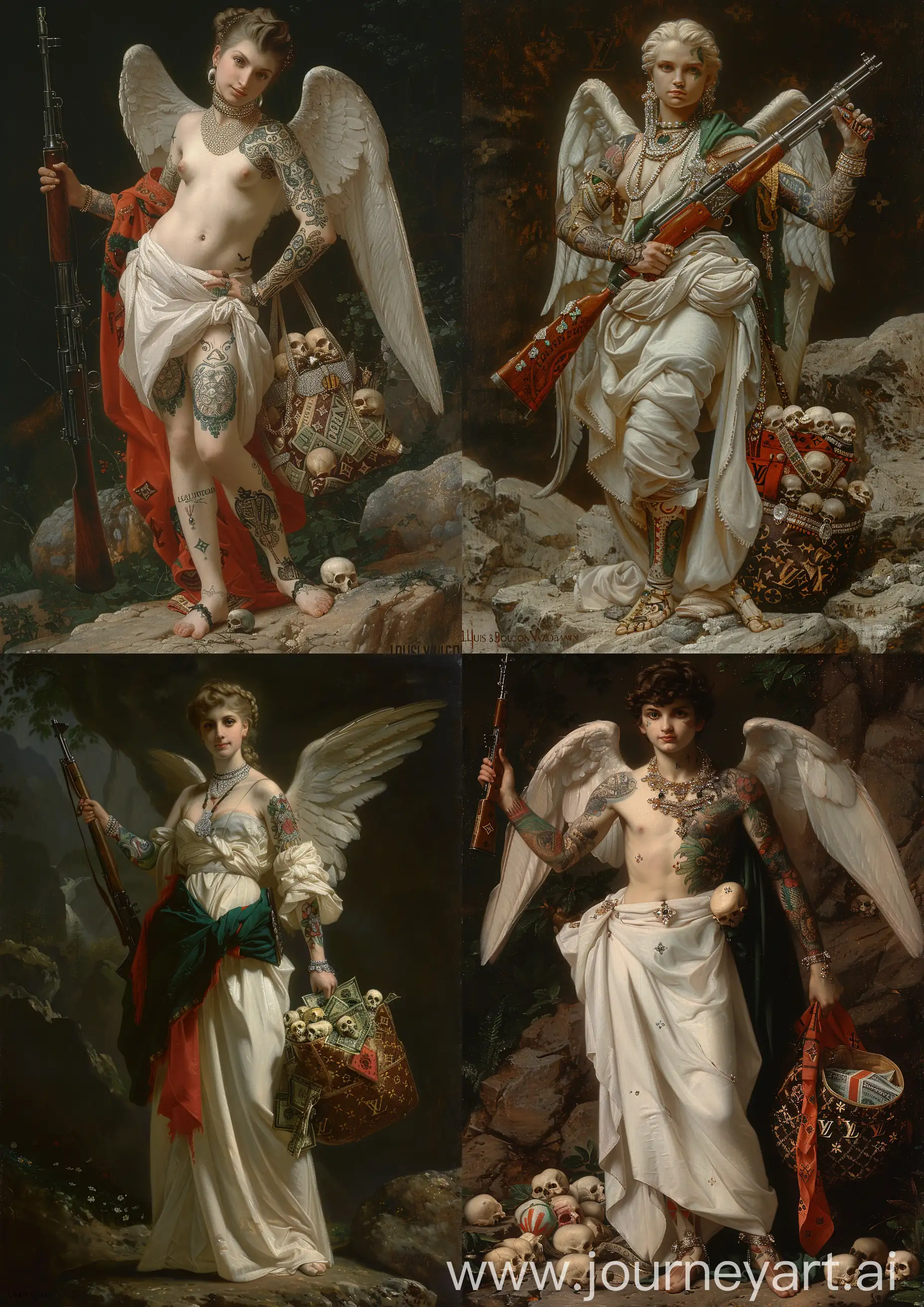 William-Adolphe Bouguereau painting of a tattooed female angel warrior wearing white clothes ornate in diamonds, red black and green silk and robes, holding a kalashnikov and a LOUIS VUITTON bag full of money and skulls, standing on a rock, obscure tones, high detailed, full body —c 22 —s 750 —v 6.0 —ar 5:7