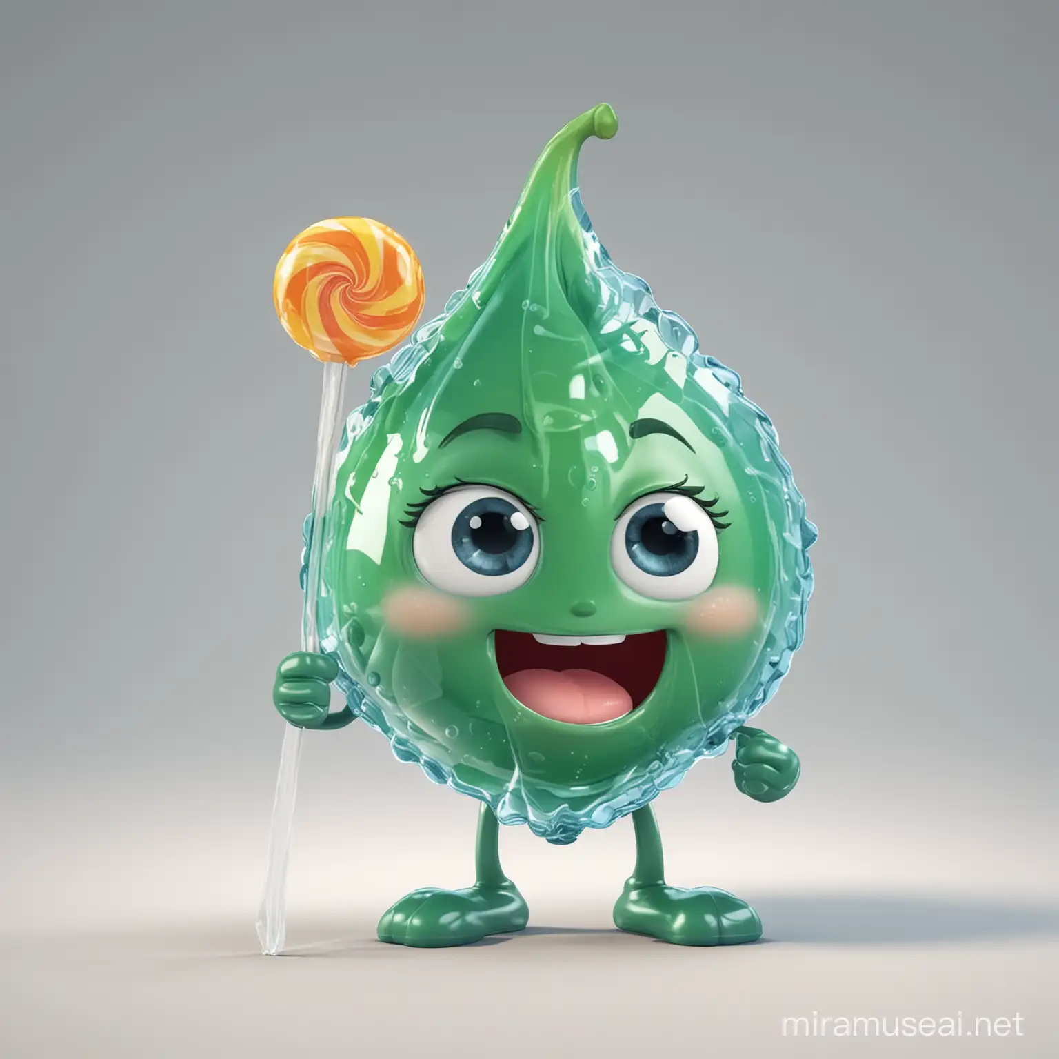 A water leaf cartoon character eating a transparent candy