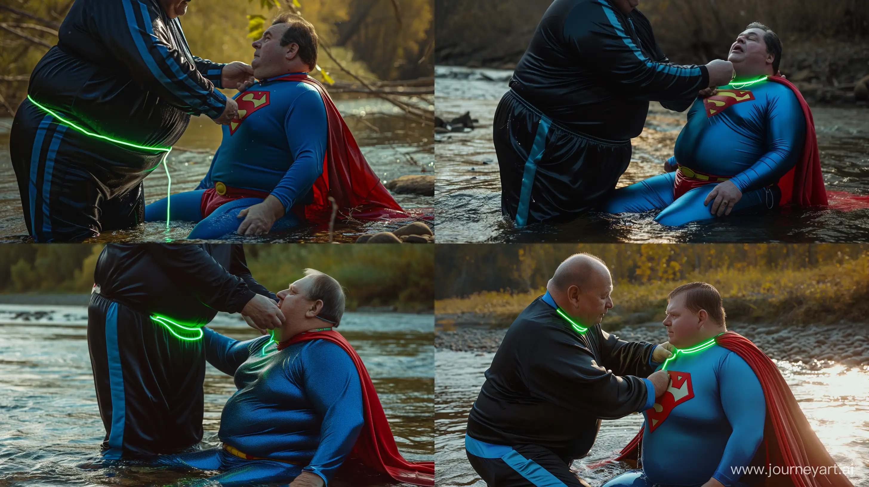 Close-up action photo of a chubby man aged 60 wearing a silk black tracksuit with a blue stripe on the pants. He is tightening a tight green glowing neon dog collar around the neck of a chubby man aged 60 wearing a tight blue 1978 superman costume with a red cape sitting in the water. Natural Light. River. --style raw --ar 16:9