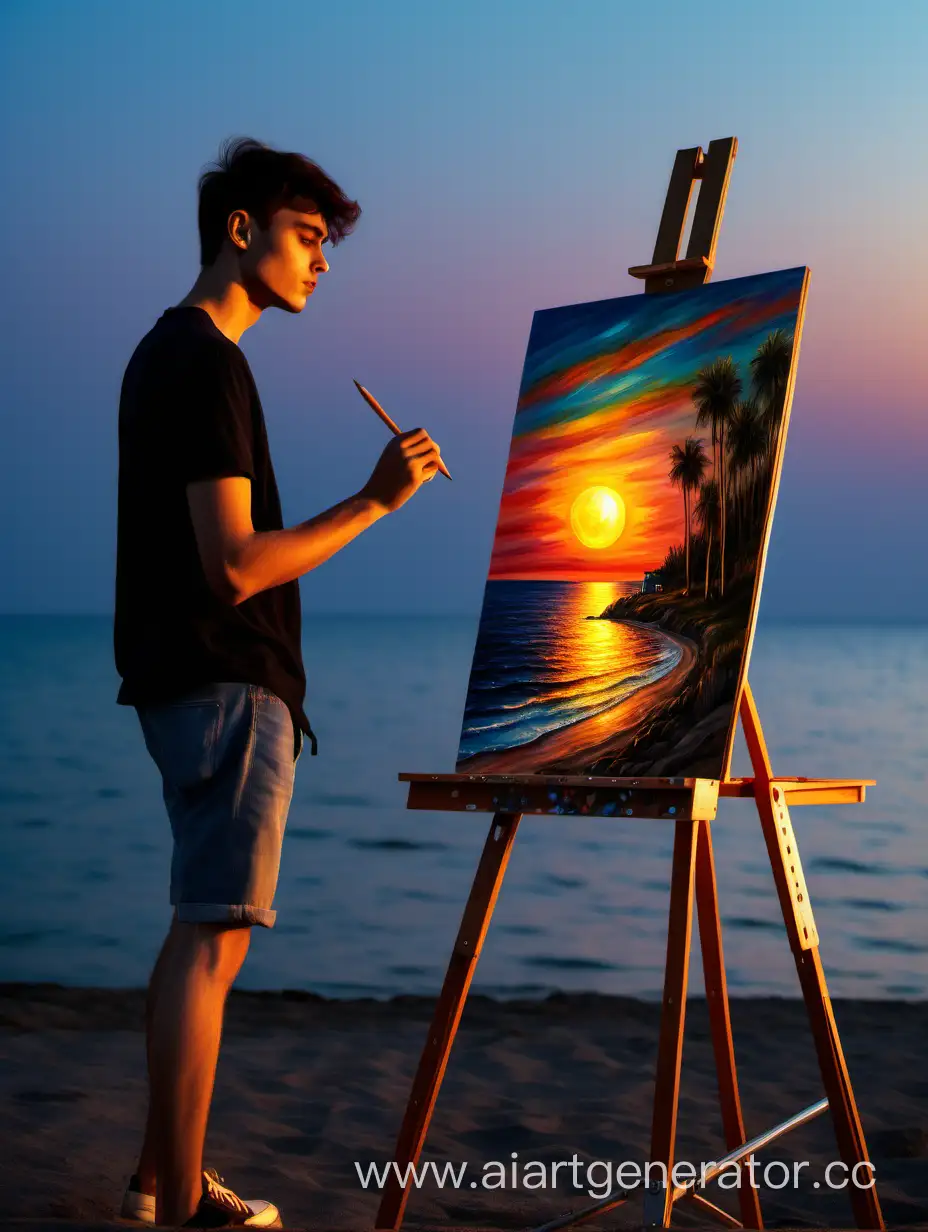 Молодой человек рисует красивый закат на мольберте море с луной 