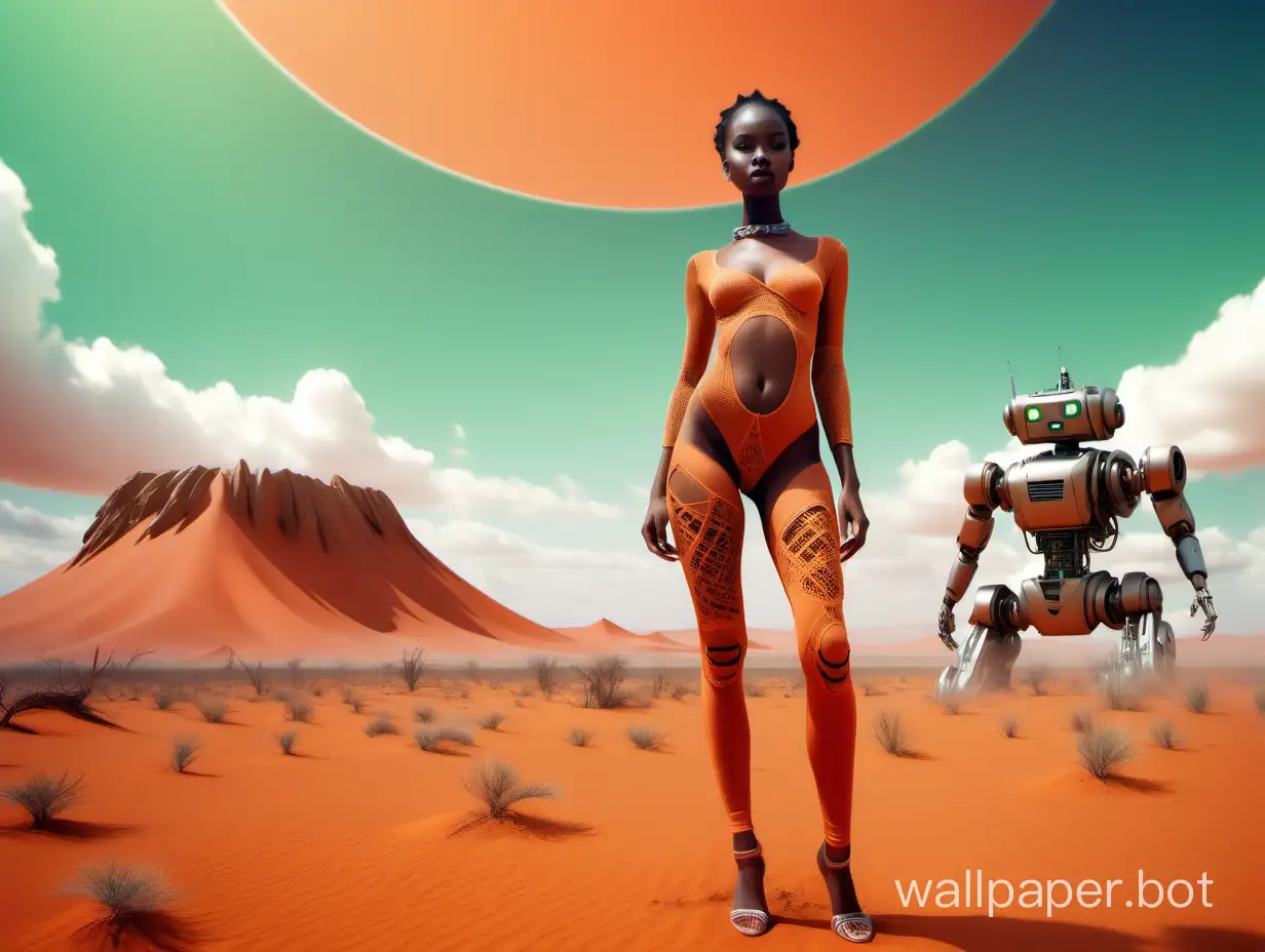 Desert landscape with a crater under gently green sky with rare clouds in the foreground, an African girl in a pleasant orange bodystocking with a robot, futurism