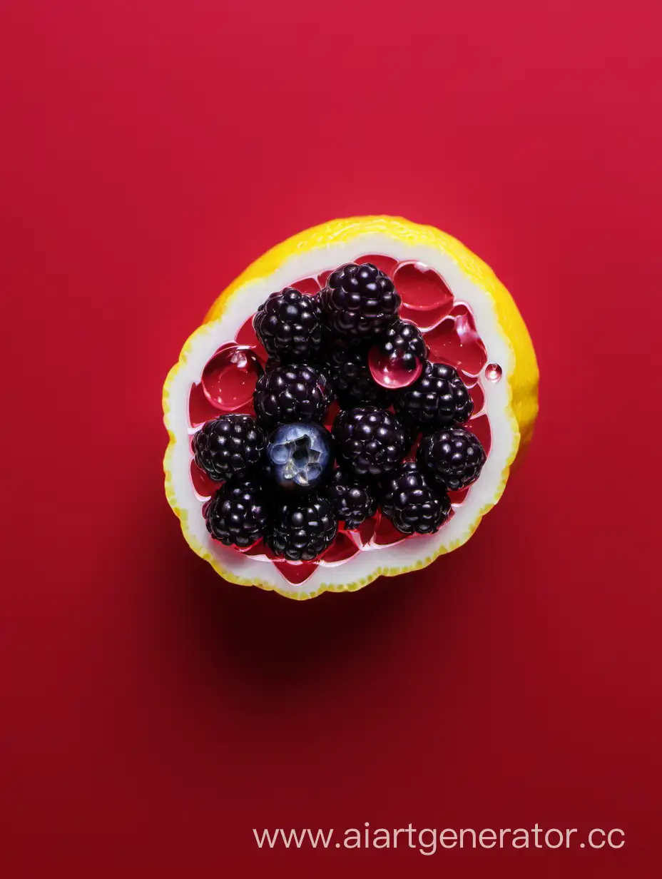 Vibrant-Boysenberry-with-Lemon-Slices-in-Water-Drop-on-Red-Background
