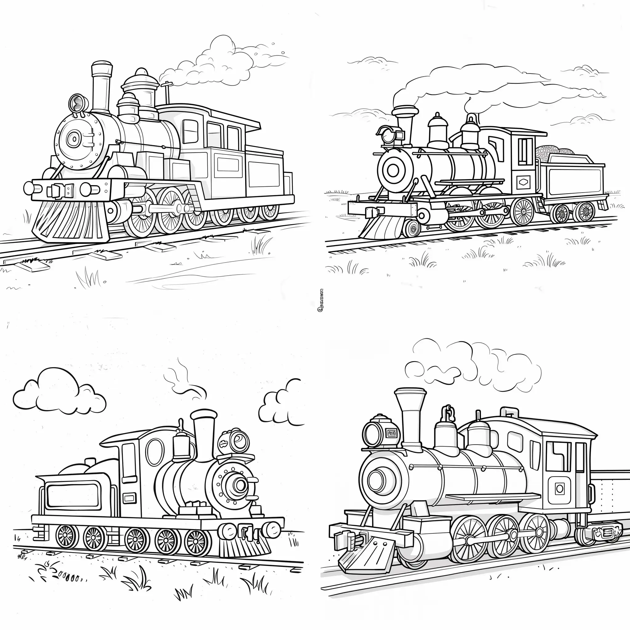 Dibuja  un tren que sea  lindo y sencillo para libro de colorear de niños pequeños, sin escalas de grises en una hoja blanca con fondo liso sin dibujos. El tren debe ser de aspecto agradable y amigable.