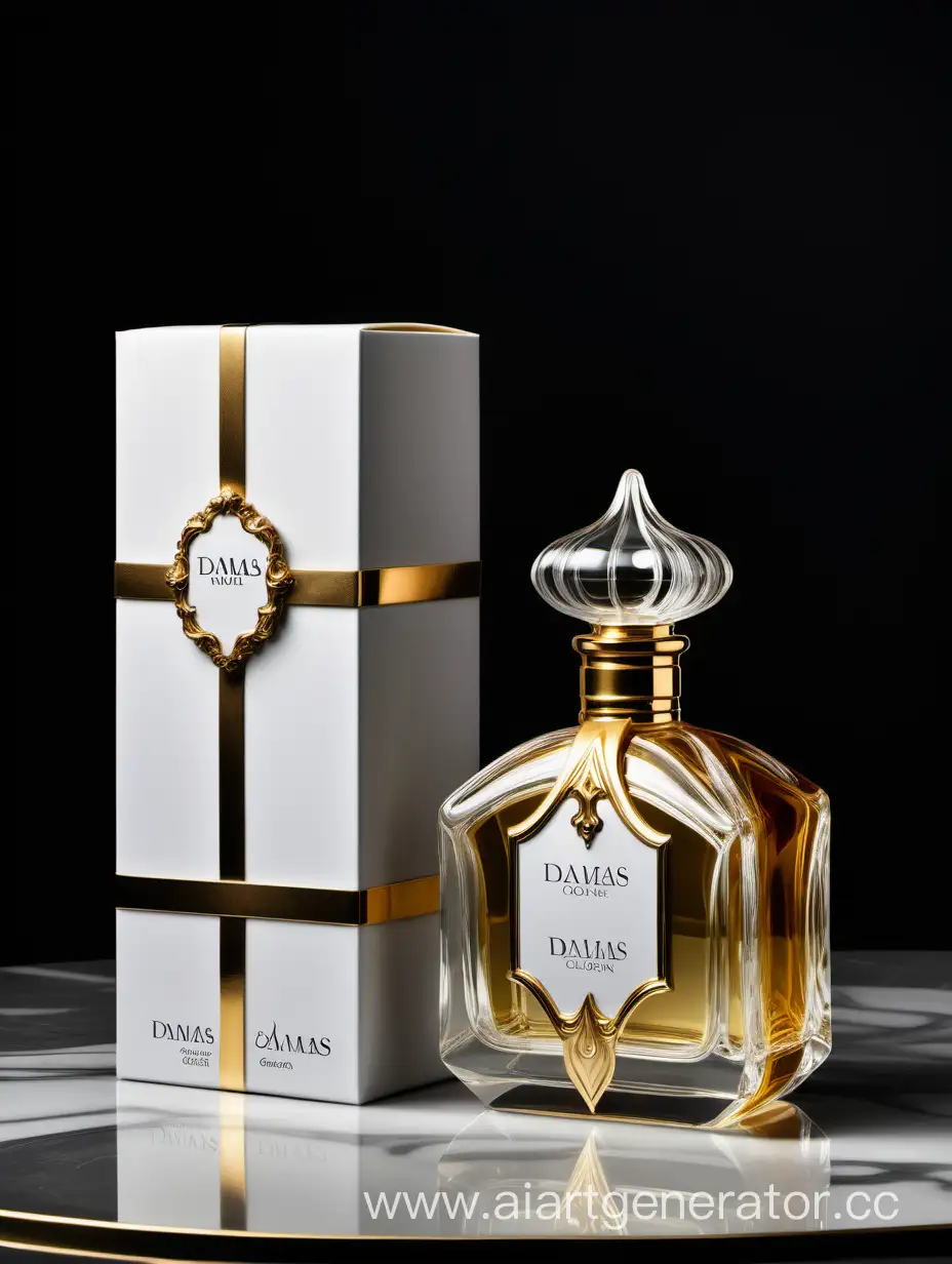 a bottle of damas cologne sitting next to a dark White box,with golden lines a Baroque dynamic luxurious composition, feminine
flemish Baroque