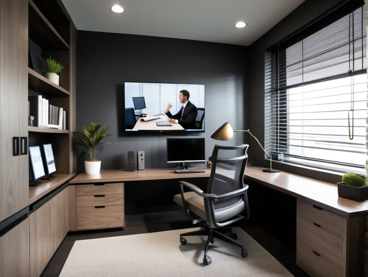 modern personal office with a desk  facing towards a TV display on the wall for video conferencing
