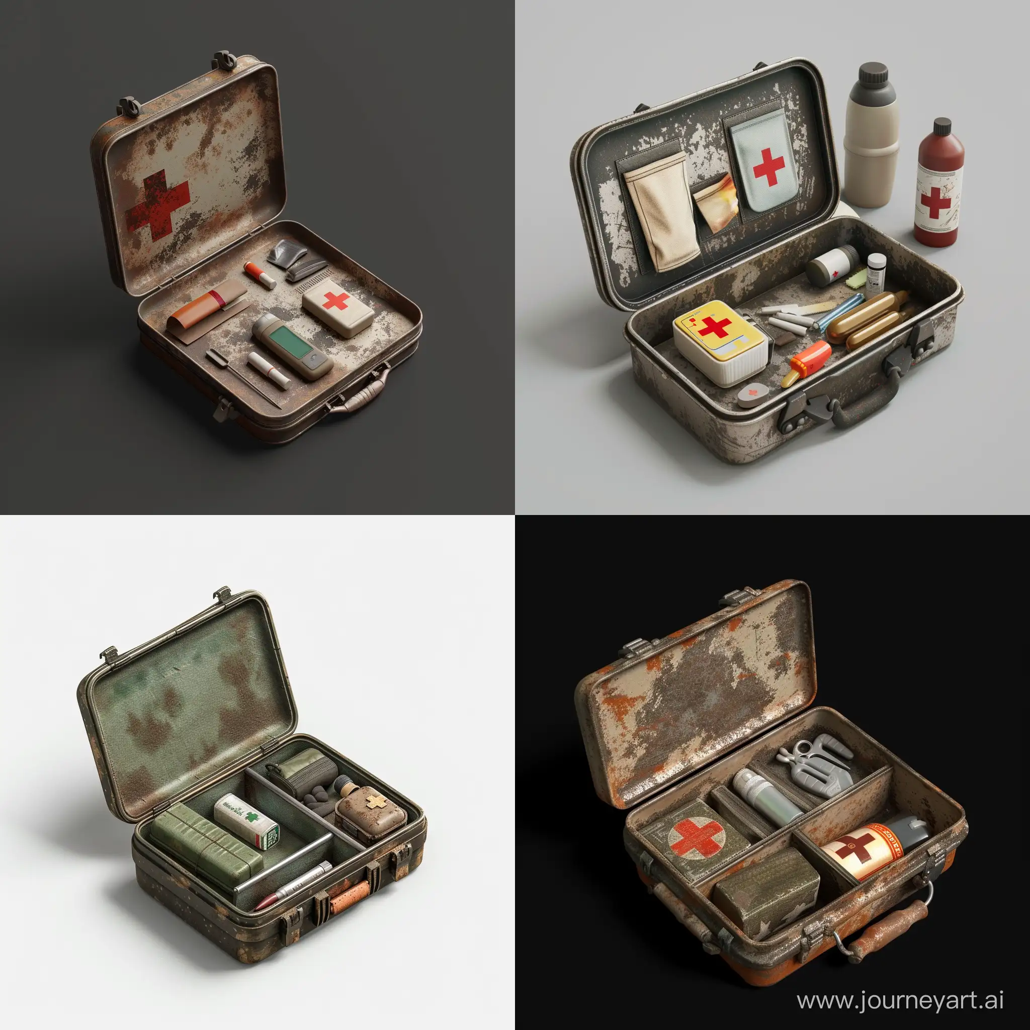 isometric realistic mini very small simple opened survival kit in realistic worn metal case, 3d render, stalker style, less details, hunting first aid, hygiene
