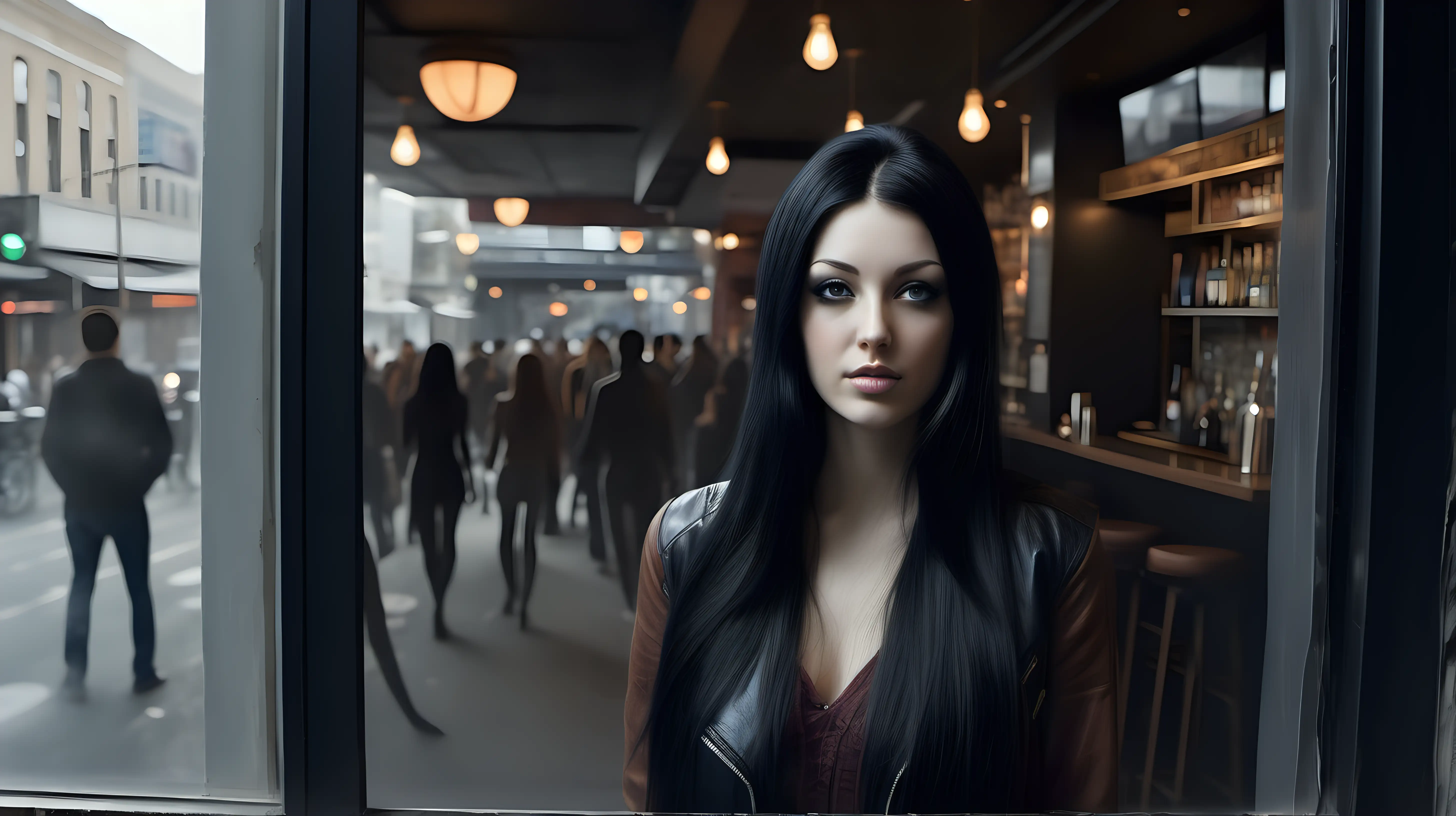 ultrarealistic standing in large urban  street  behind a window in a bar people  side caucasic  with long black hair