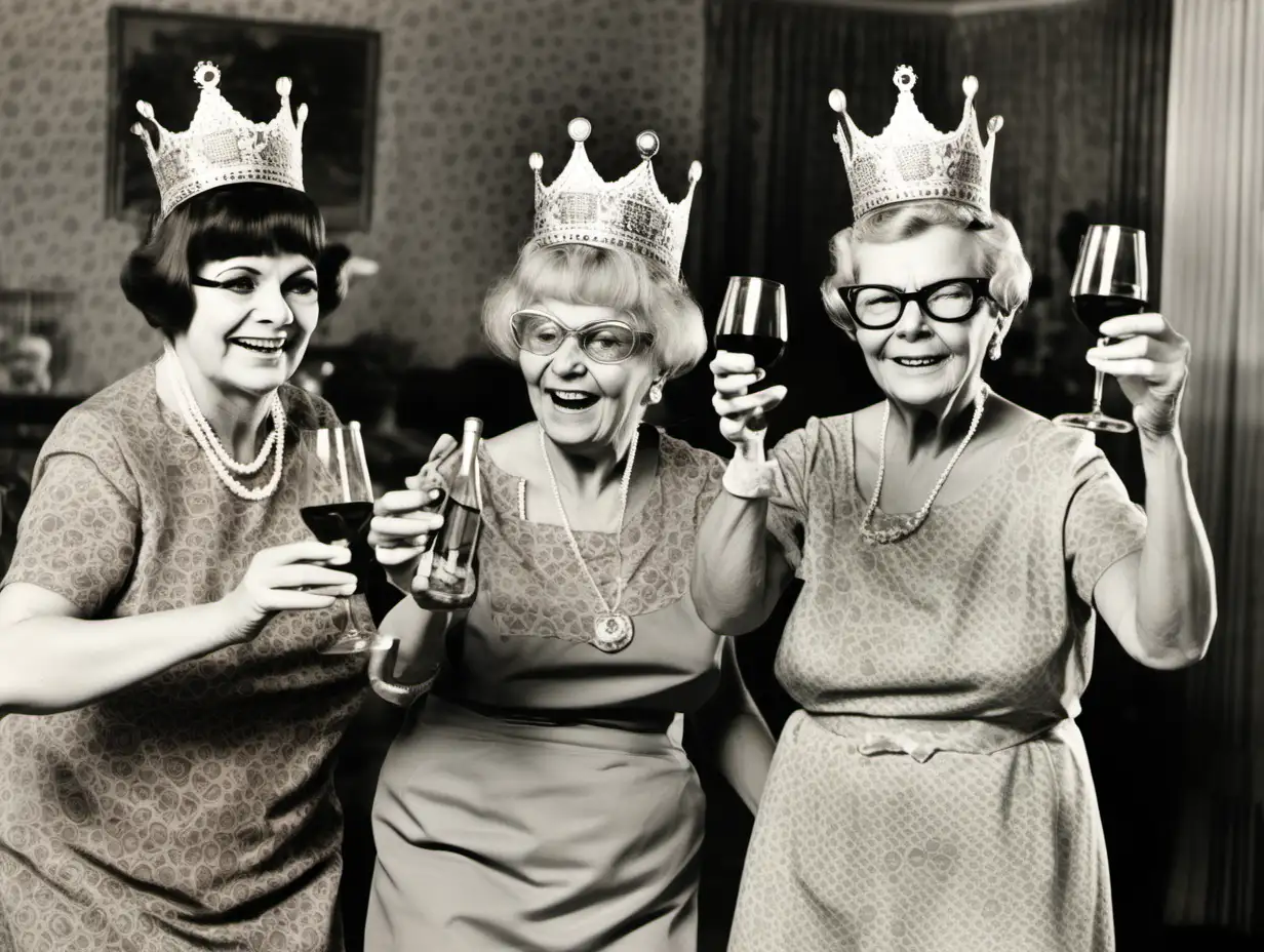 1960s vintage photo of three old ladies wearing crowns dancing and drinking wine