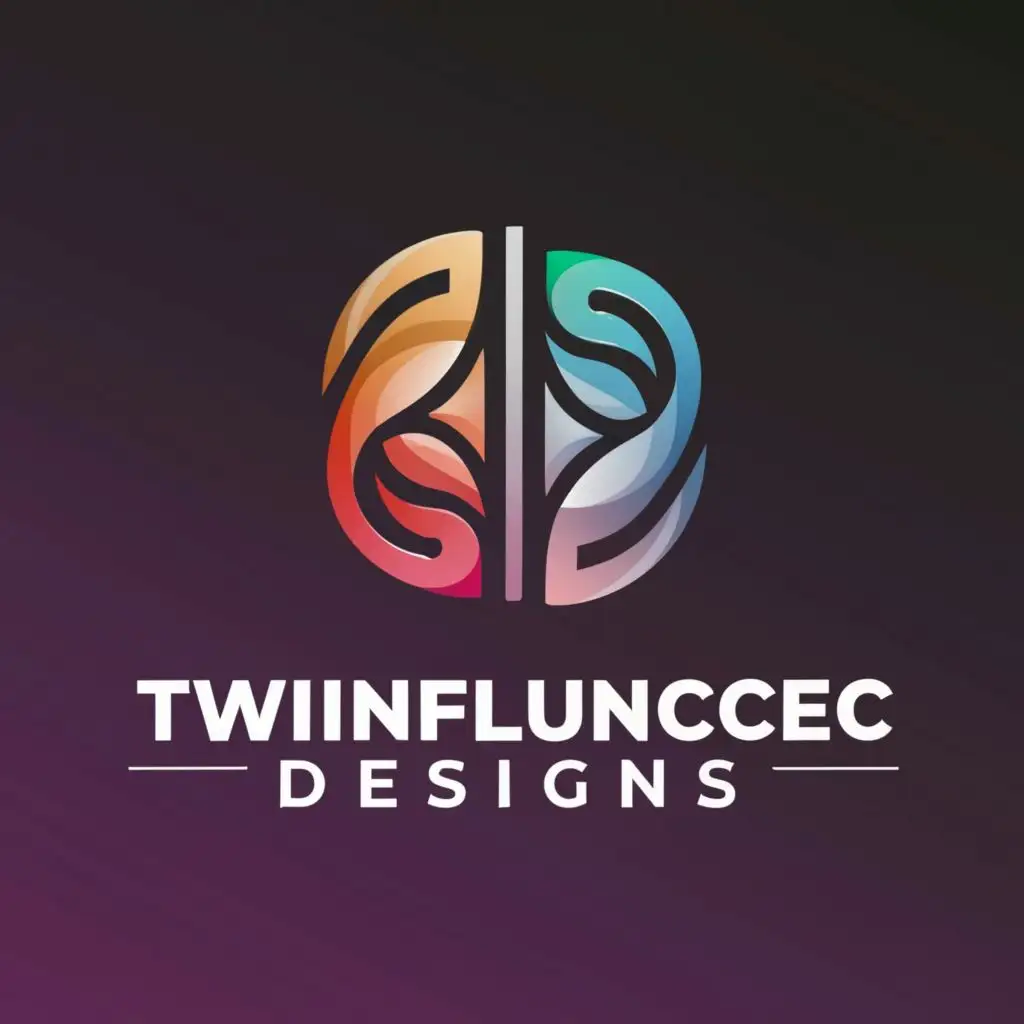 a logo design,with the text "Twinfluence Designs", main symbol:Create a stylized emblem consisting of two interconnected elements, such as abstract shapes or geometric patterns, representing the twin sisters' bond and influence on each other. This could be depicted as an abstract, intertwined motif that symbolizes their collaborative creativity. Choose a modern and sleek font for the brand name "Twinfluence Designs." Experiment with variations in typography to find a style that complements the symbol/icon while remaining legible. Opt for a bold and dynamic color palette that reflects creativity and vitality. Consider using vibrant hues like electric blue, magenta, or neon green to make the logo stand out. You might also incorporate metallic accents for a touch of sophistication. Arrange the symbol/icon alongside the brand name in a balanced composition. You can explore different layouts, such as placing the symbol above the text or integrating it within the letterforms for a cohesive design. To enhance the visual impact of the logo, consider adding subtle design elements that convey the theme of creativity and influence. This could include abstract shapes, swirls, or sparks emanating from the central emblem, symbolizing the sisters' innovative ideas and collaborative synergy.,Moderate,clear background