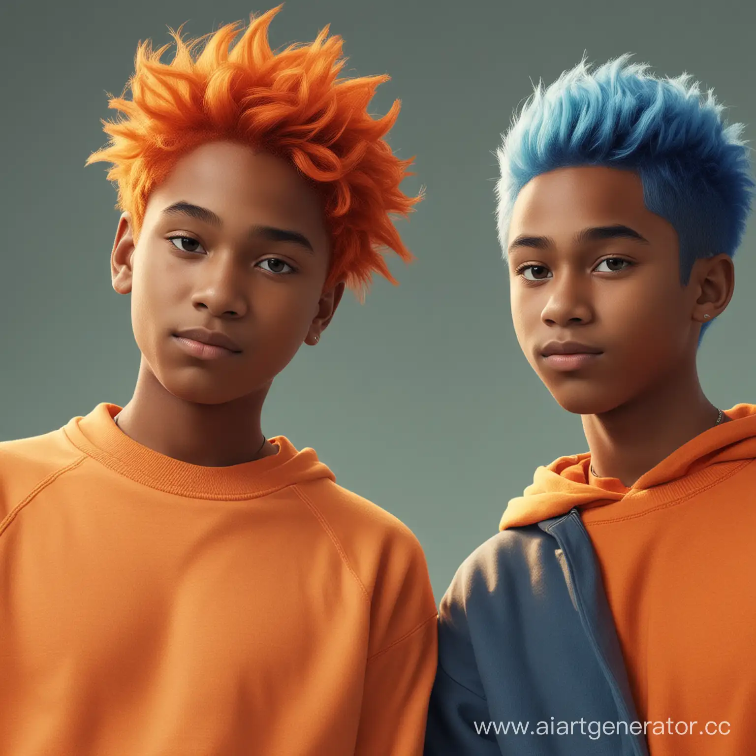 Темнокожий мальчик с рыжими волосами и в оранжевой толстовке и светлокожий мальчик с голубыми волосами