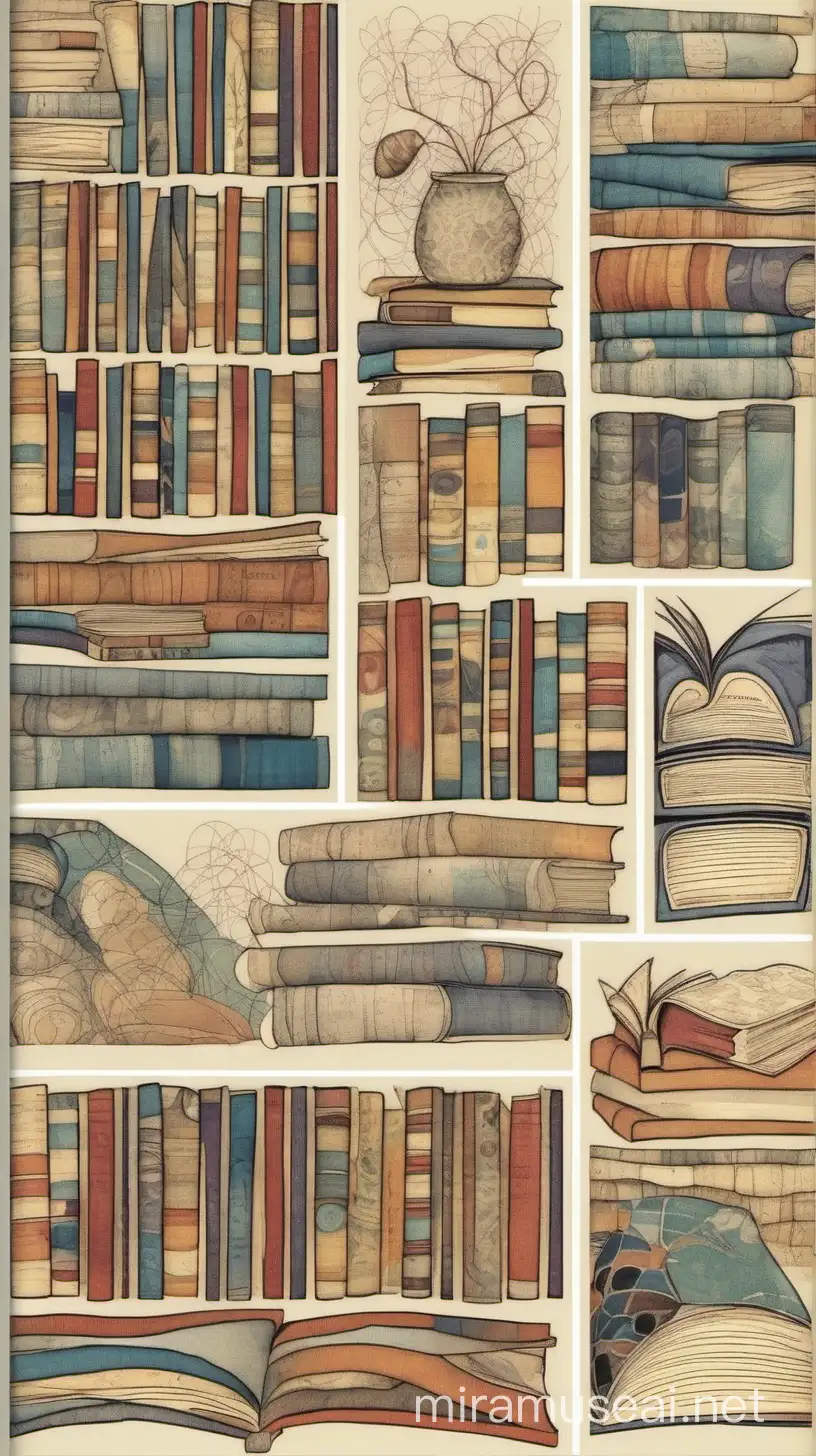 collection books, abstract art, stitch style,  vintage style