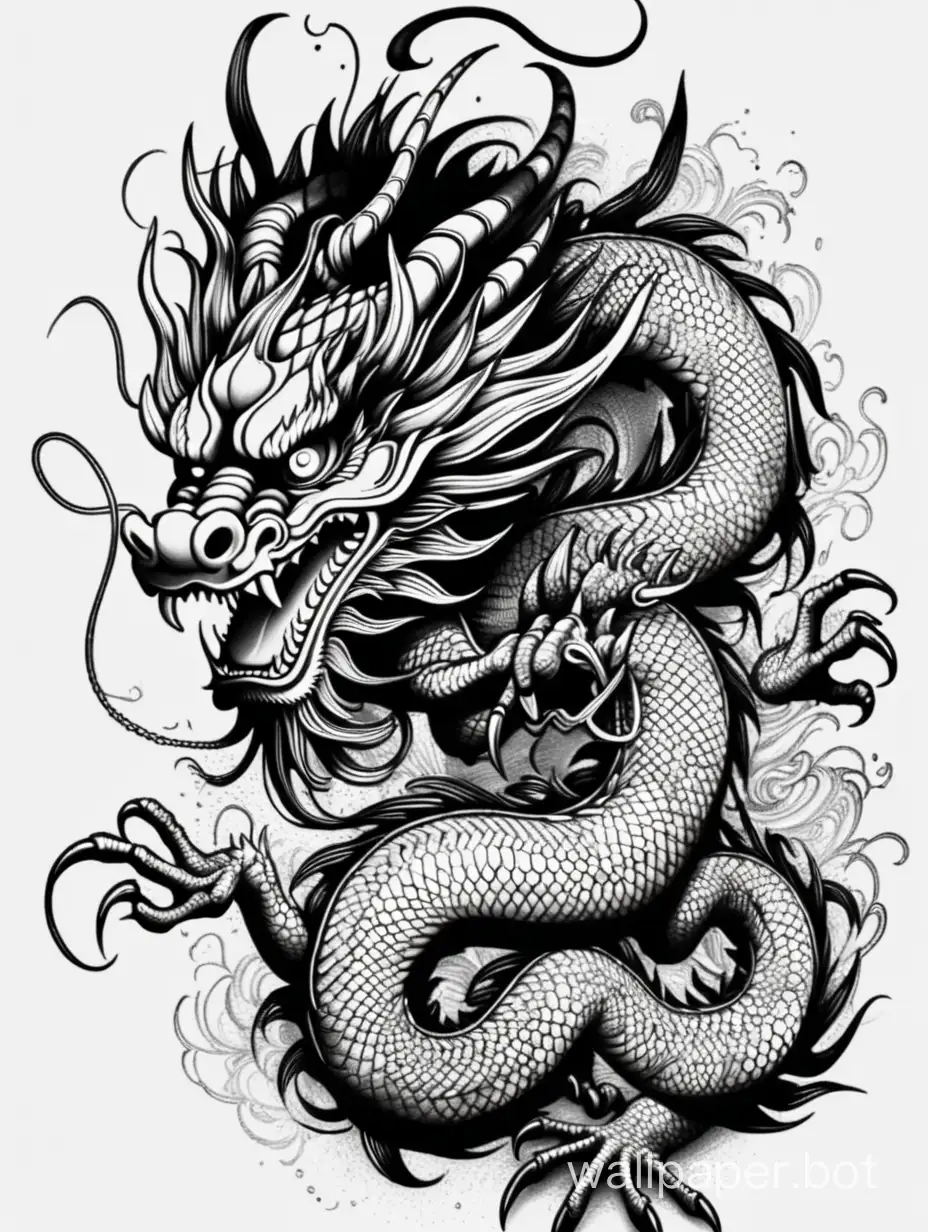 chinese dragon, drawing lineart,  dark tattto design, vector, explosive black ink, dark ink, white neon line details, monochromatic,  white background