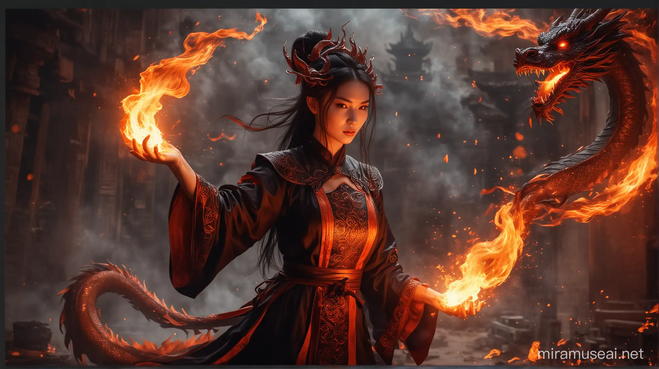 Enchanting Witch Casting Fire Magic with Chinese Dragon Background