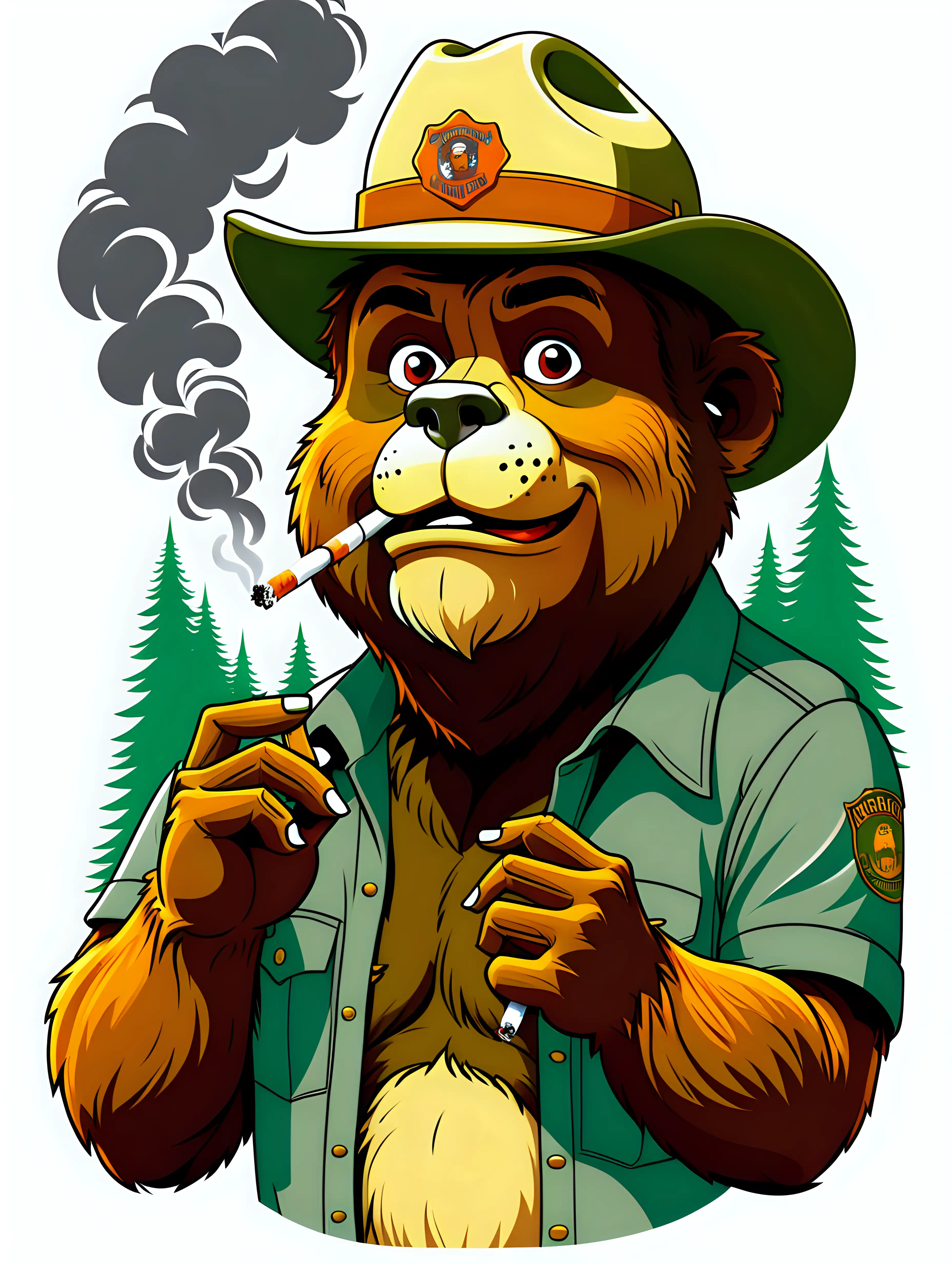 Graphic T-shirt vector of Smokey the bear smoking a cigarette, detail design, colorful, contour, white background