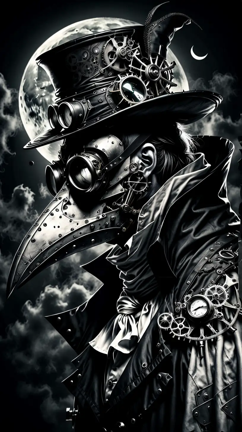Steampunk Plague Doctor Under Full Moon in Greyscale