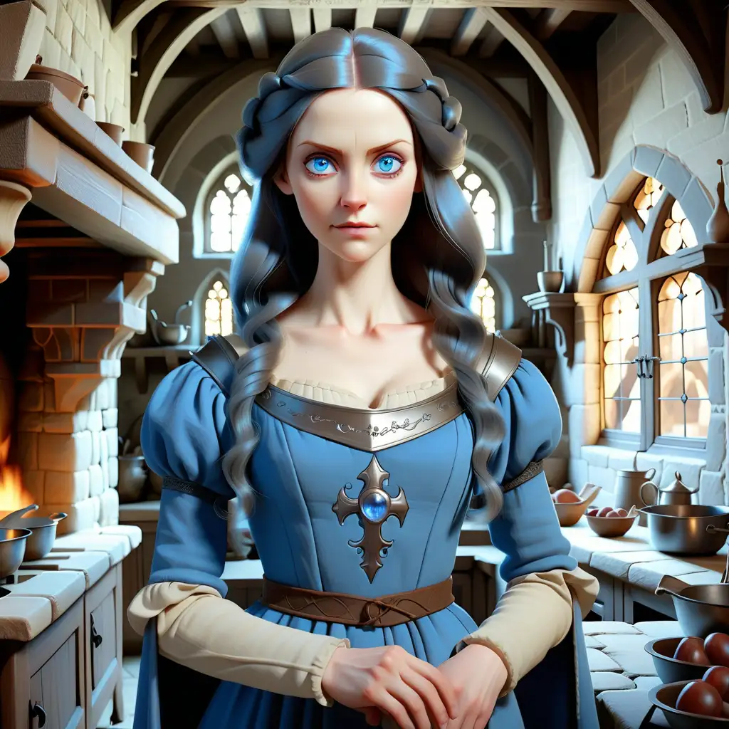 Ultra realistic Double expose of tall dark haired beautiful pale skinned middle aged women with  in her hair blue eyes wearing blue medieval dress with medieval kitchen in the background 
