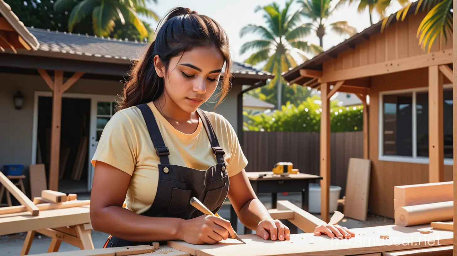Young latina (dark complexion) carpenter working at her outside 
workstation