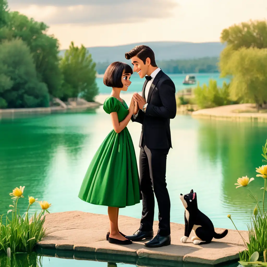 Storybook characters proposal by lake.  Mexican boy in black suit. brunette short hair girl in green dress