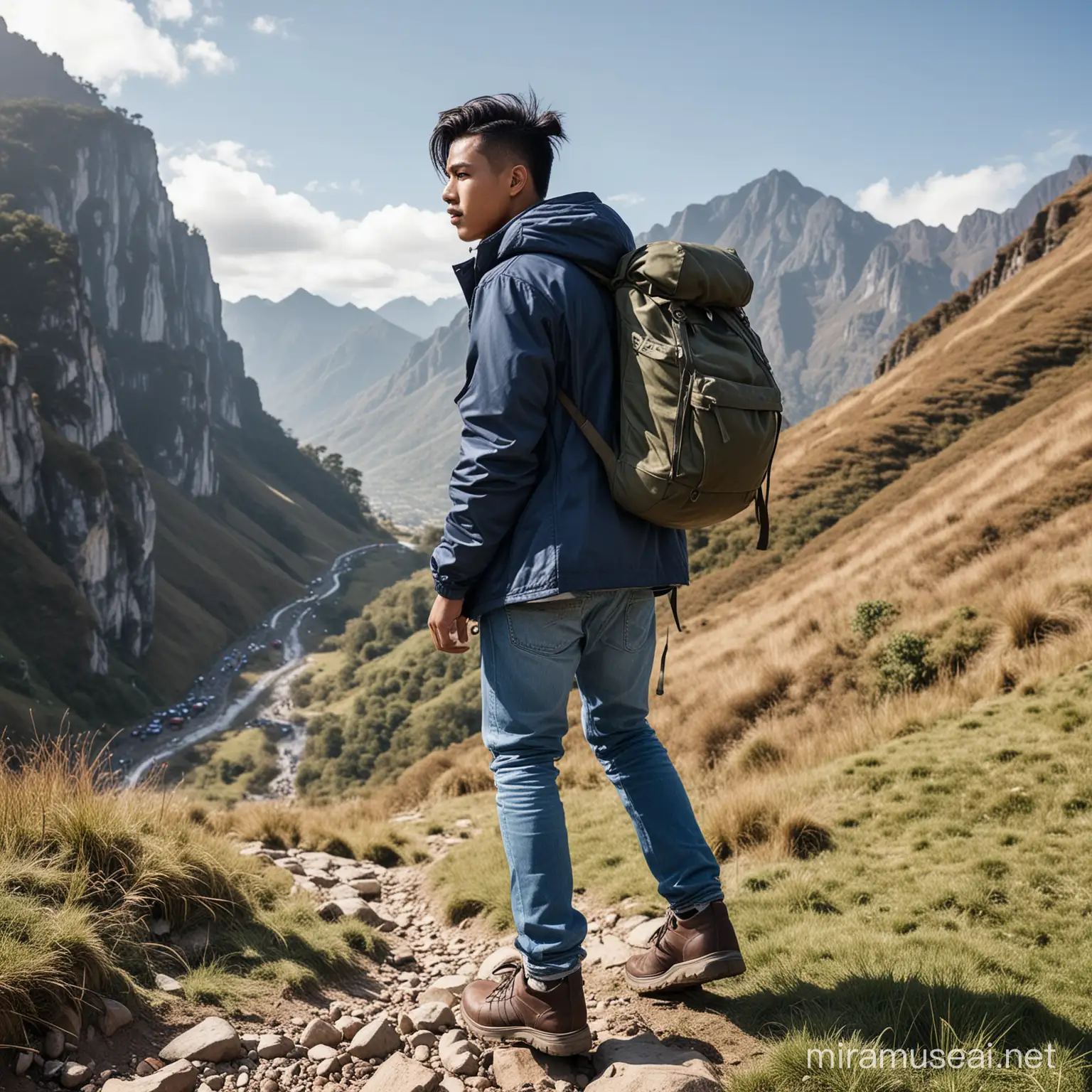 Photograph of a 20-year-old Indonesian man, undercut bun hair, wearing a t-shirt and a parka jacket, blue jeans, leather shoes, carrying a large backpack, descending a steep terrain, location of a beautiful mountain