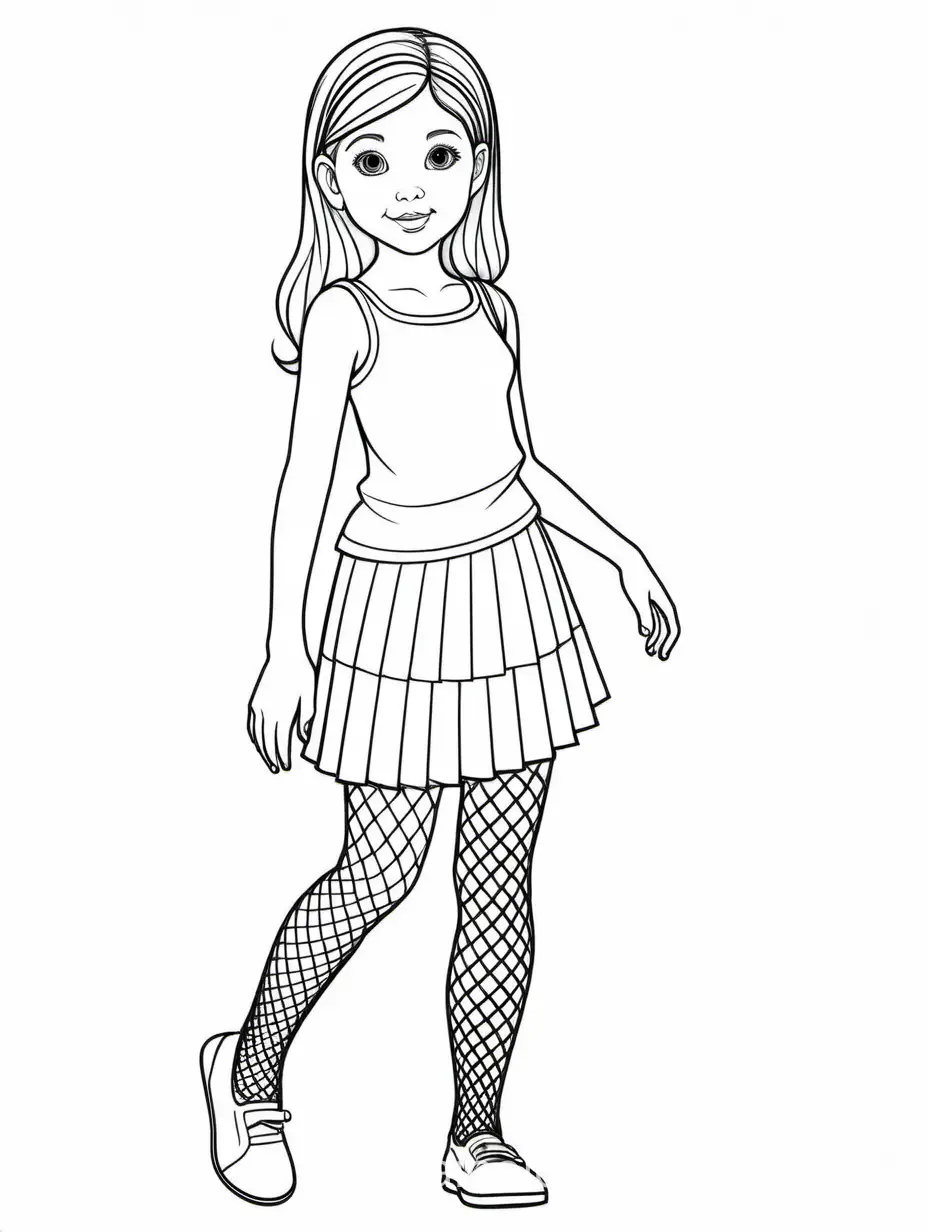 tween WEARING fishnet TIGHTS AND A pleated minikirt with cami top, Coloring Page, black and white, line art, white background, Simplicity, Ample White Space. The background of the coloring page is plain white to make it easy for young children to color within the lines. The outlines of all the subjects are easy to distinguish, making it simple for kids to color without too much difficulty