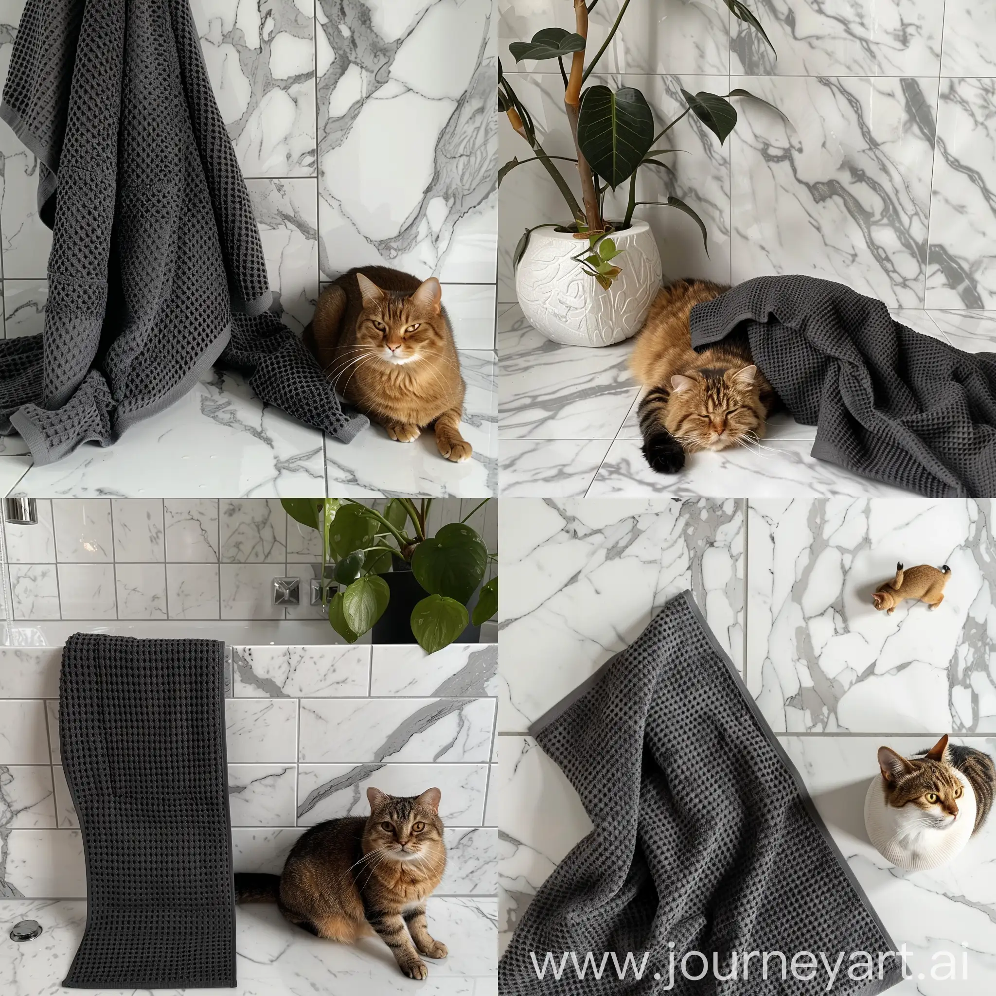 Golden-Chinchilla-Cat-Resting-on-Graphite-Waffle-Towel-in-Luxurious-White-Marble-Bathroom