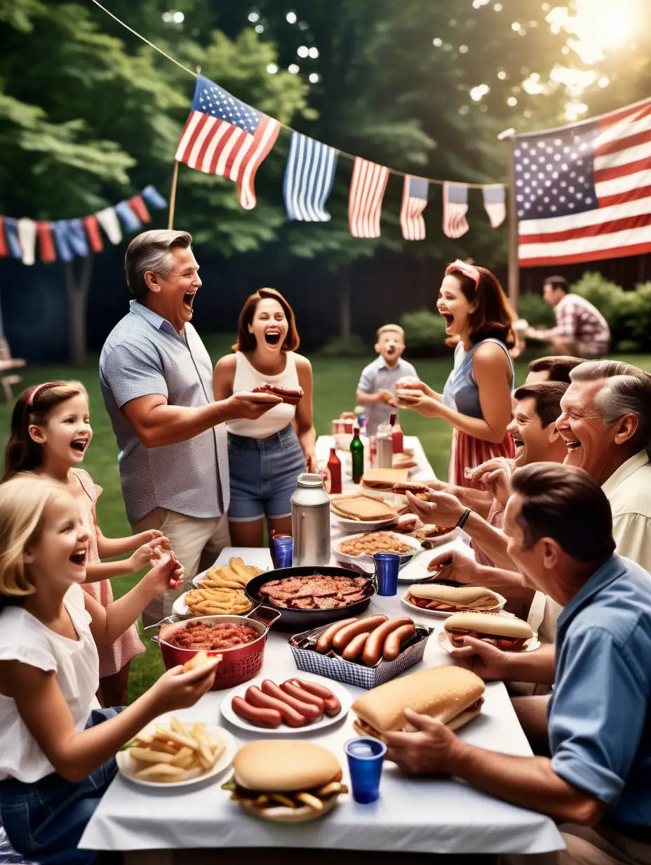 A nostalgic scene of families and friends gathering for a backyard barbecue or picnic, with tables spread with traditional American fare like hot dogs, hamburgers, and apple pie, accompanied by games, music, and laughter, celebrating the joy of togetherness and freedom on Independence Day.