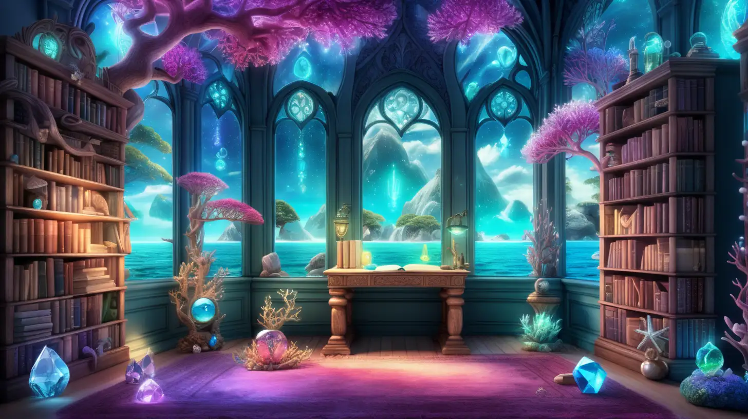 magical forest surrounding an ocean and sky and clouds and bookshelf and white, blue, and neon magenta with gemstone portal to other world and gemstone flowers and glowing, glimmers fantastical glowing trees and crystals and pearls with corals and bookshelf of books and glowing potion bottles on the bookshelf and giant key