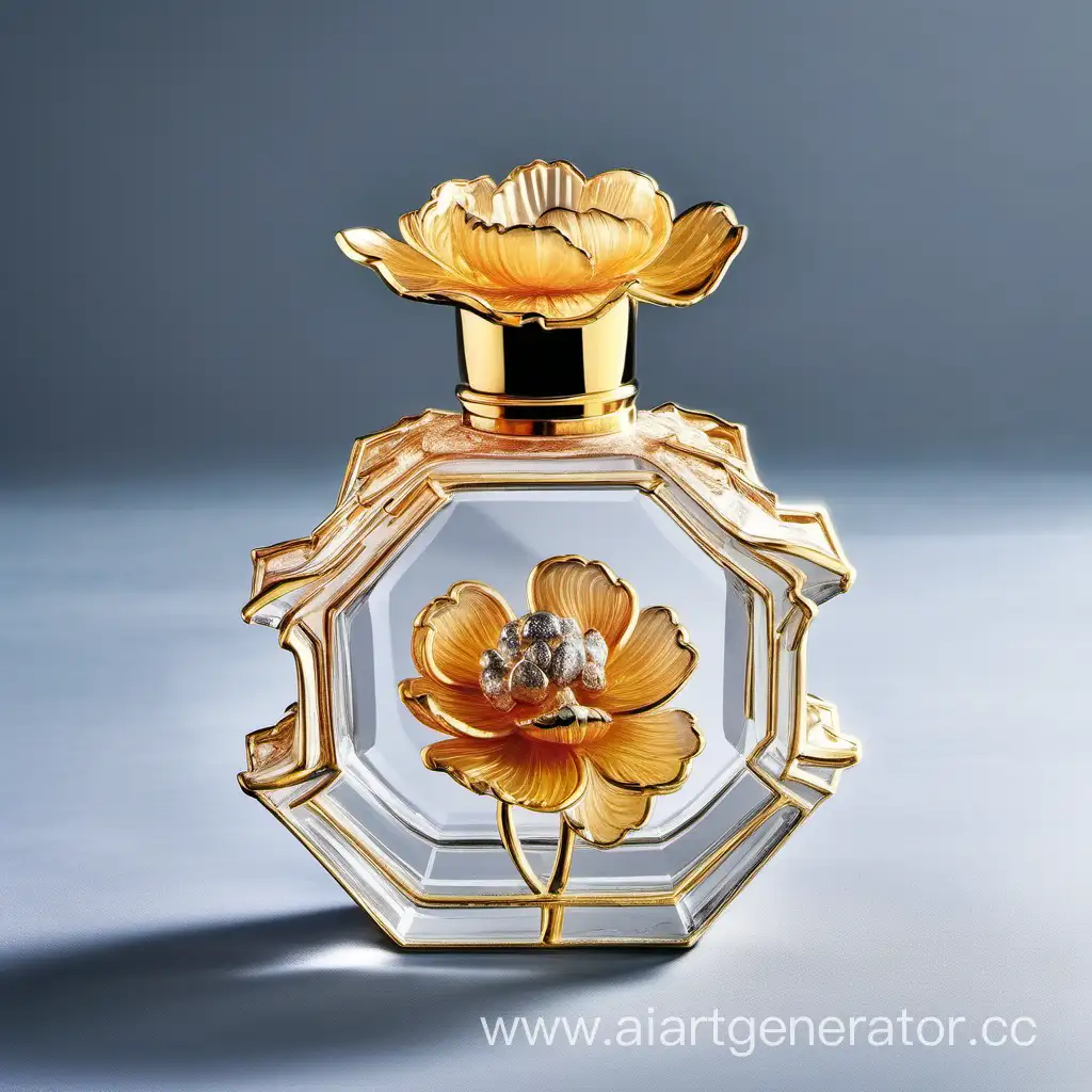 хрустальный флакон с золотой сканью для парфюмерии скрышкой в виде цвкетка пиона золотого цвета