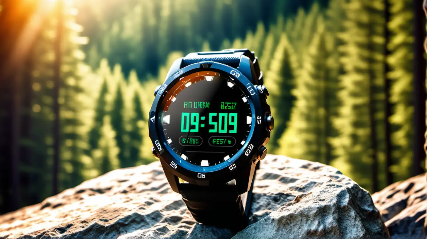 Strategic Smartwatch Displayed on Forest Rock in Vibrant Sunlight