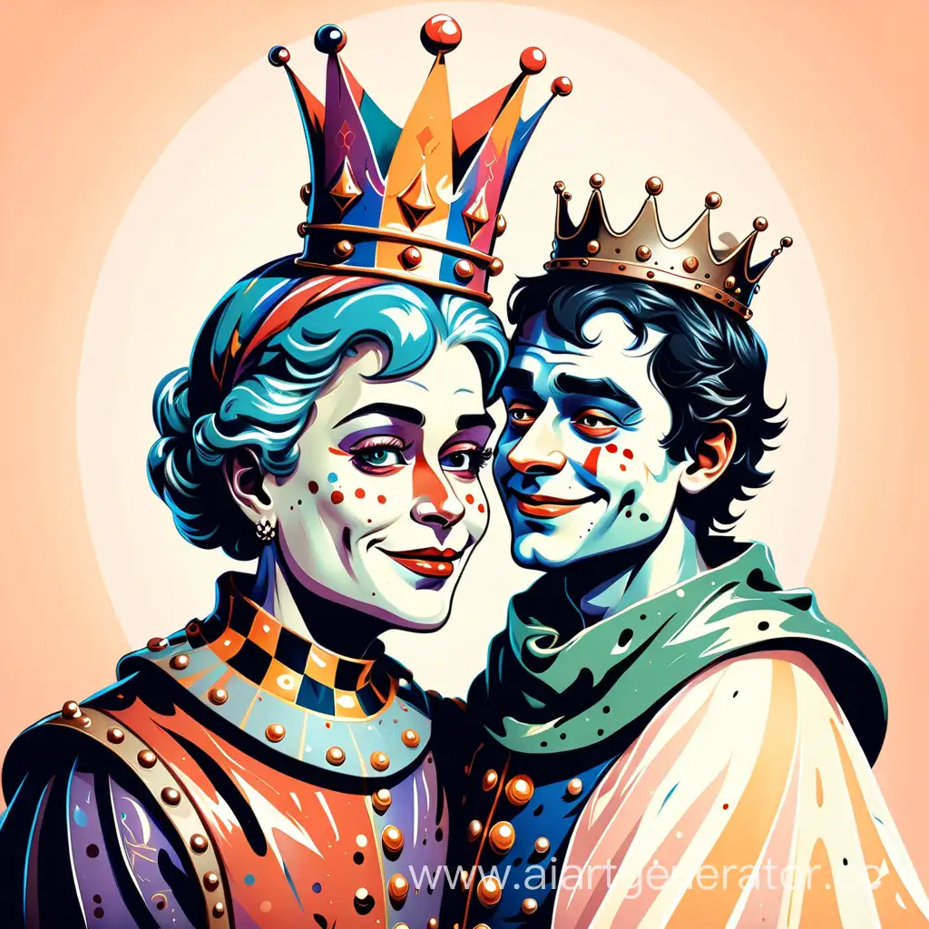 Королева и шут: Королева любит молодого красивого шута, король ревнует. мягкие краски, полутени, штрихи
