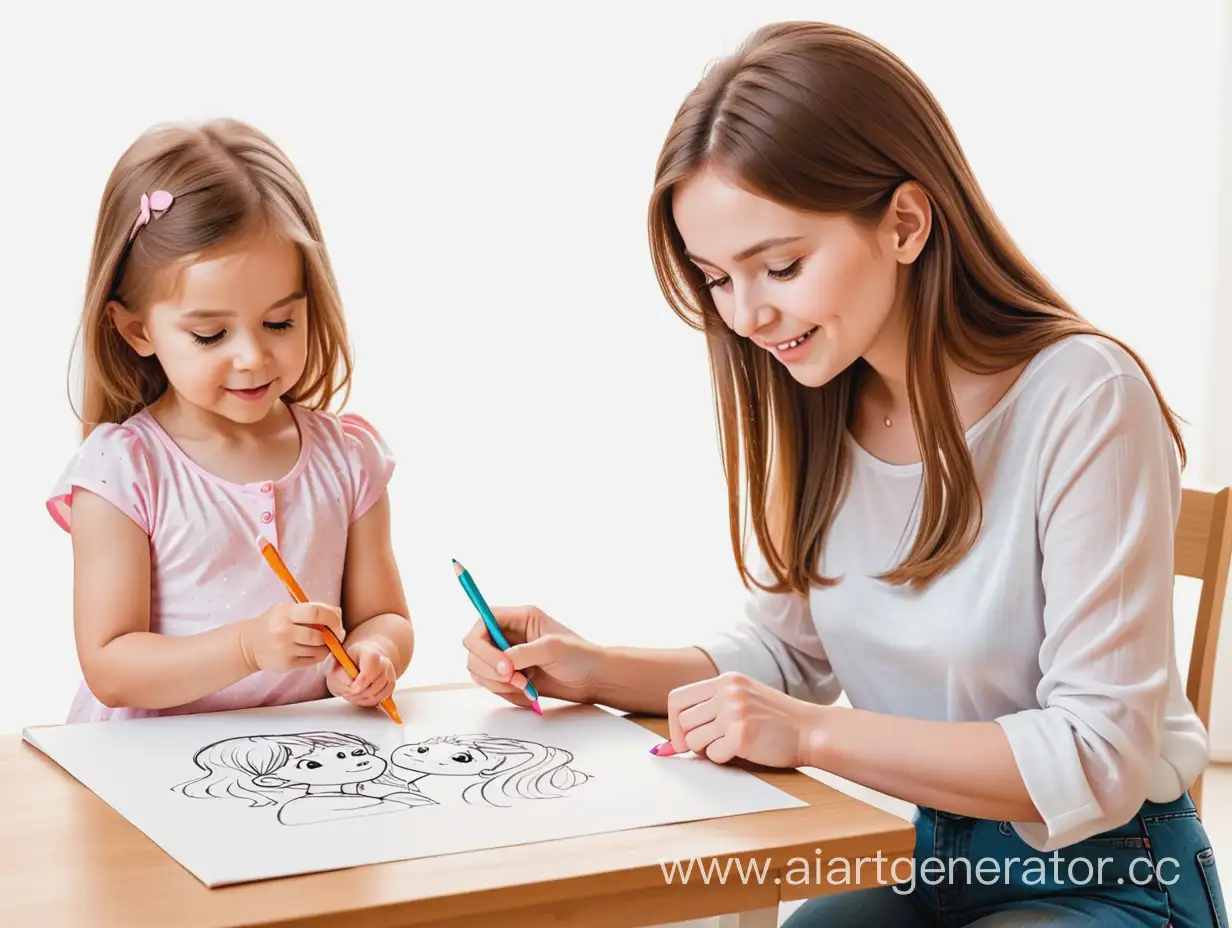 Мультяшная девочка показывает свой рисунок маме. Картинка на болом фоне.