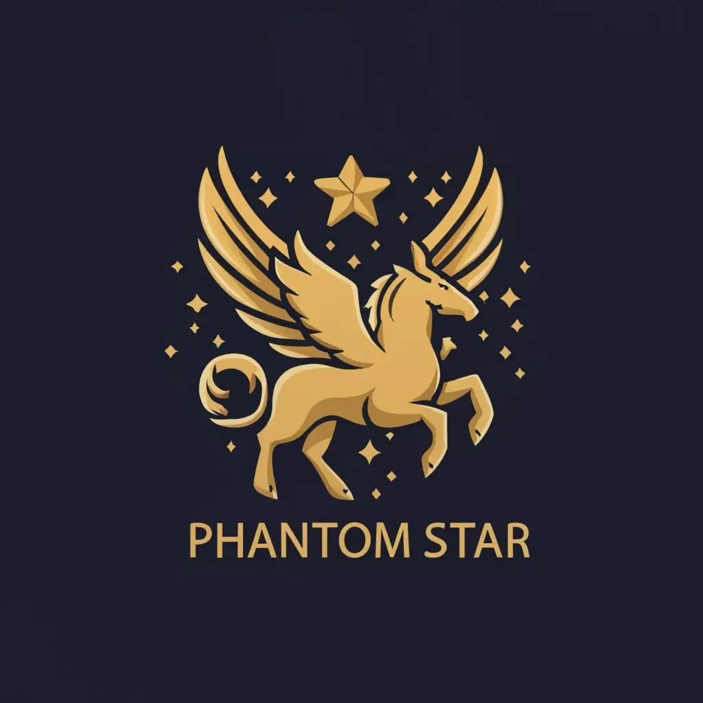 a logo design,with the text "ai phantom star", main symbol:A majestic winged unicorn in mid-flight against a starry night sky. The unicorn has a gleaming, golden horn and hooves, with a lush mane and tail that billow in the celestial wind. Its wings are grand and feathered, hinting at the power and grace of its movement. Below the creature, the word 'PHANTOM' is boldly written in an uppercase, futuristic font that captures the essence of mystery and the unknown. Just beneath, 'STAR' is inscribed in a similar style but in a smaller size to create a hierarchical effect. The background is a deep space vista, spangled with twinkling stars of various sizes and brightness, giving an expansive feeling of the universe. The letters 'AI' are positioned in the lower part of the design, styled to appear as if made of a glowing, ethereal light, suggesting innovation and technology,Minimalistic,be used in Technology industry,clear background