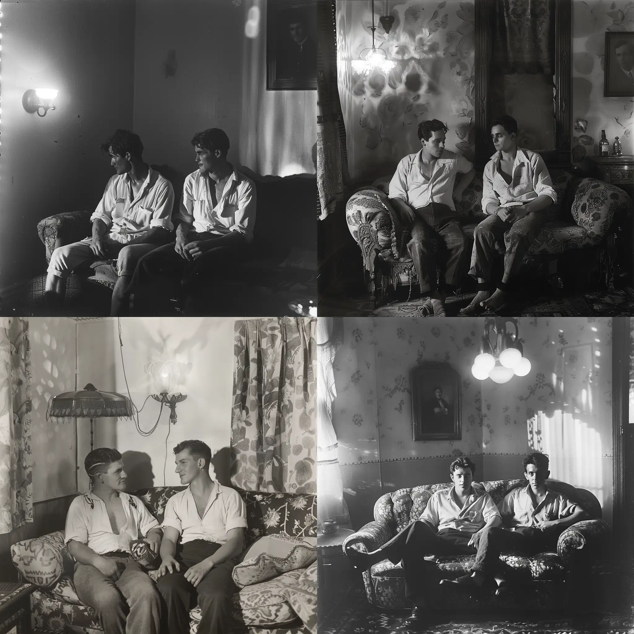 un petit salon, 1920, deux homme chemise déboutonnée, assise sur un canapé, Allure mystérieuse. ; ameublement et de l'éclairage 1920,