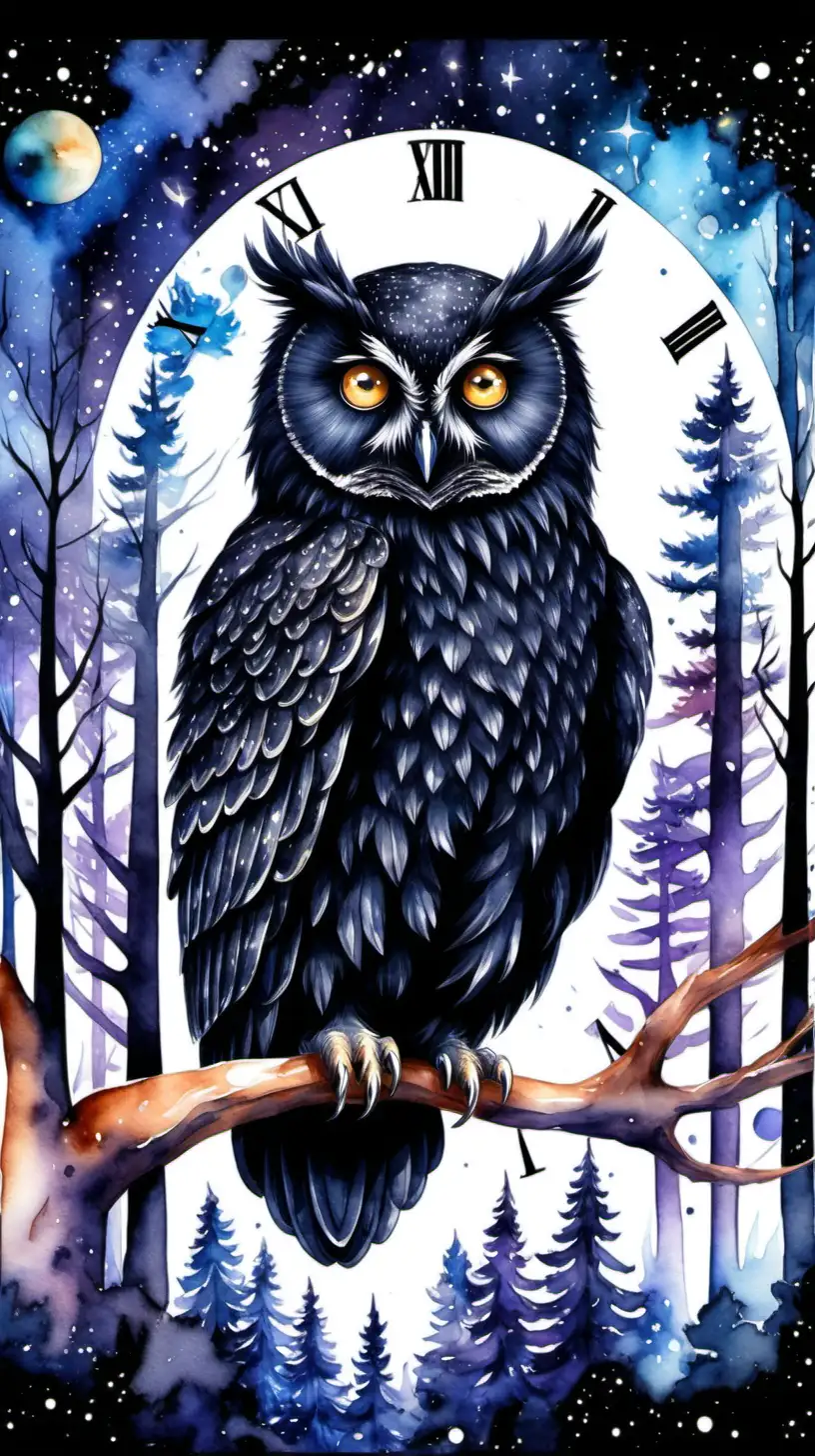  Create an image in watercolor style of a black owl, clock, watch, time, forest, galaxies