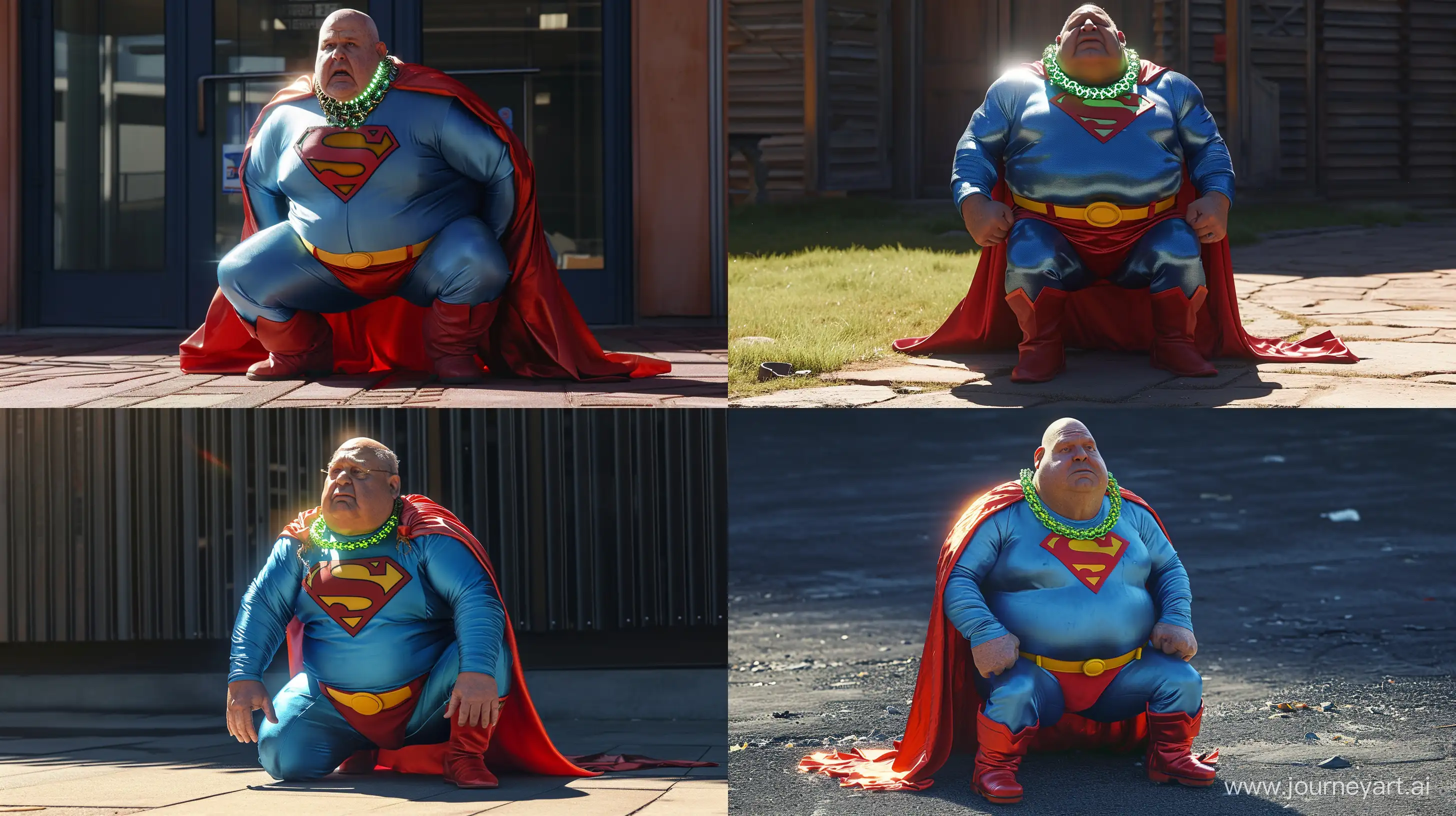 Photo of a chubby man aged 70. He is kneeling. He is wearing a silky blue superman costume with a large red cape, red boots, blue shirt, blue pants, yellow belt and red trunks. He wears a heavy glowing green chain collar on his neck. Outside. --style raw --ar 16:9 --v 6