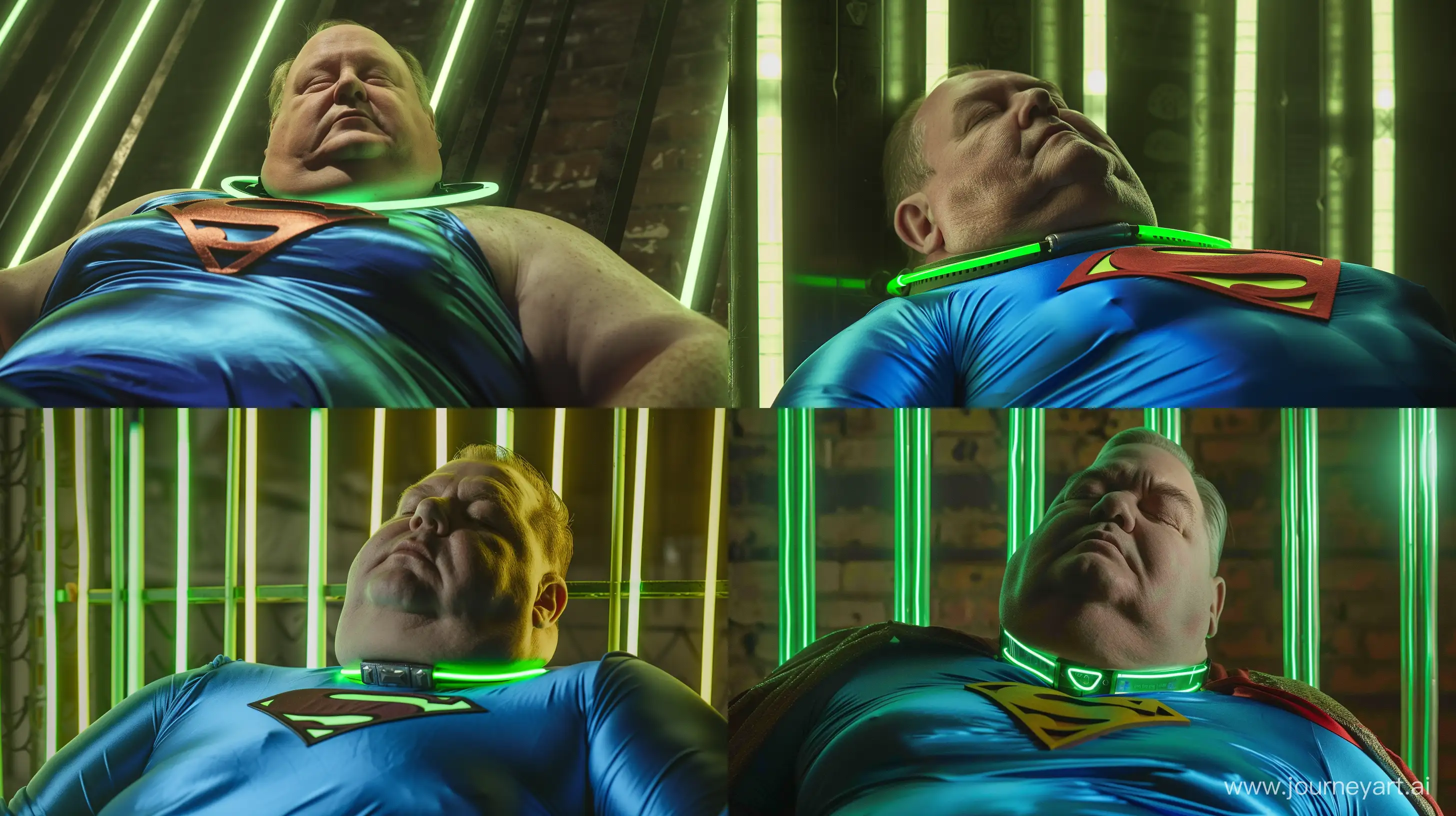 Extreme close-up portrait of a fat man aged 60 wearing a blue silk superman tight costume and a tight green glowing neon dog collar. Sleeping against green glowing green neon bars. Outside. Daylight. Natural Light. --style raw --ar 16:9