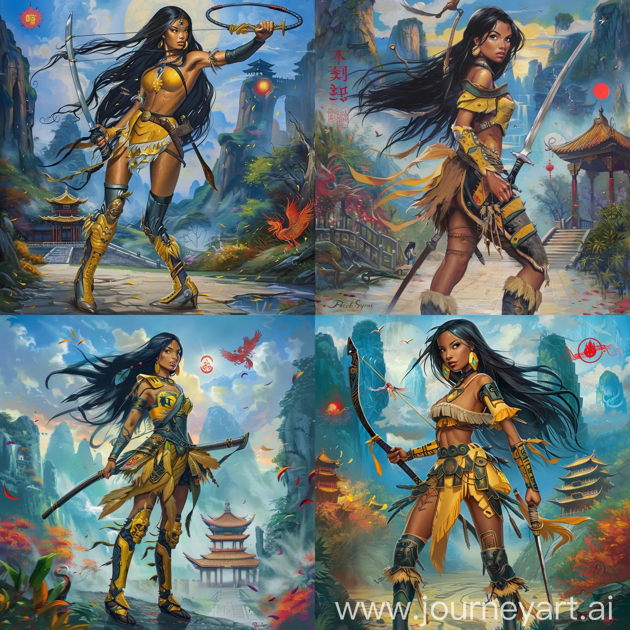 Historic painting style:

a Disney Beautiful American Native Princess Pocahontas, with black long hair, she wears dark yellow and light yellow color Chinese prehistoric tropical armor and boots, she holds a Chinese curved sword in right hand, 

Chinese Guilin mountains and temple as background, small phoenix and three small red suns in blue sky.