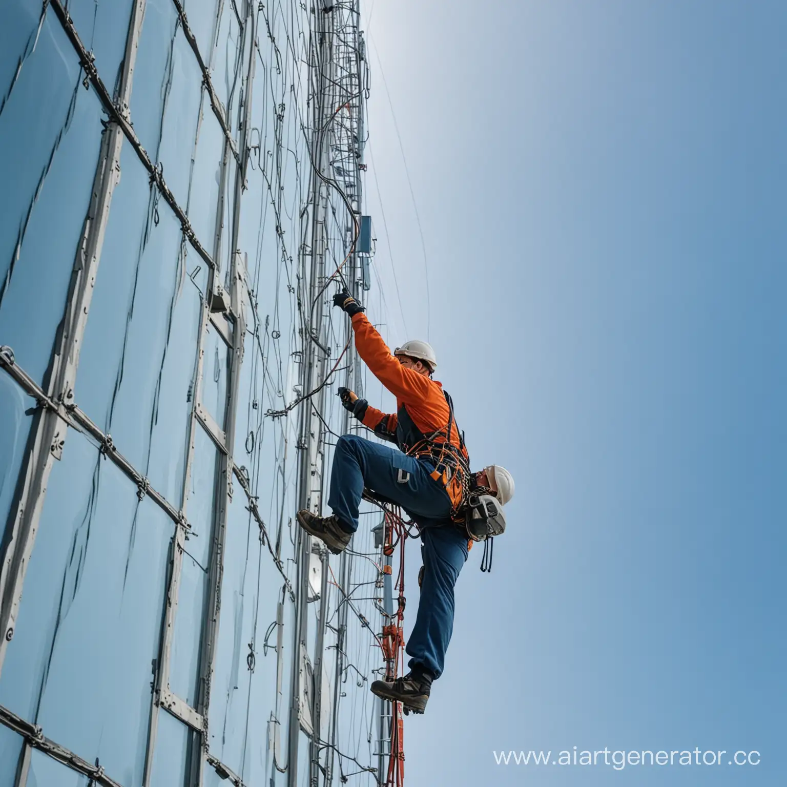 Industrial-Climber-Working-on-HighRise-Glass-Building-with-Blue-Sky-Background