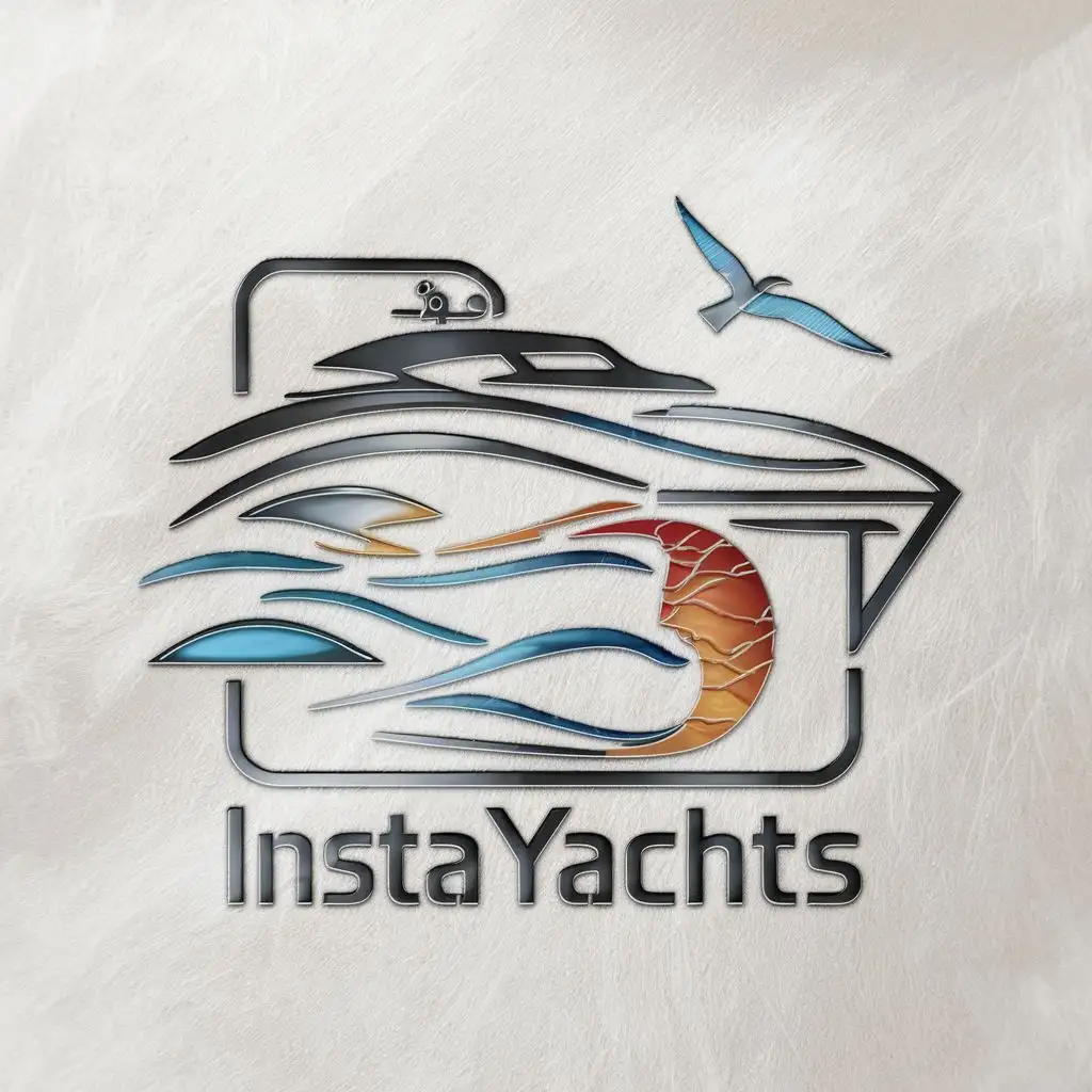 logo, 1. Begin by sketching the outline of a yacht, incorporating sleek lines and a modern design to represent luxury.

2. Integrate waves around the yacht to symbolize the open sea, using flowing lines to create a sense of movement and dynamism.

3. Place a seabird, such as a seagull, elegantly soaring above the yacht, adding a touch of nature and freedom to the logo.

4. Combine the Instagram logo's camera icon with the yacht, ensuring it seamlessly fits into the overall design to represent the brand's social media presence.

5. Choose a cohesive color scheme that reflects the sea, using shades of blue and white for waves, while incorporating metallic tones for the yacht to convey luxury.

6. Opt for a clean and unique font in capital letters for the brand name "INSTAYACHTS," ensuring it complements the overall design without overshadowing the logo elements.

7. Review the logo for balance and simplicity, ensuring it's easily recognizable and scalable for various applications.

8. Refine details, making sure each element harmonizes with the others to create a cohesive and visually appealing logo for the INSTAYACHTS brand., with the text "INSTAYACHTS", typography