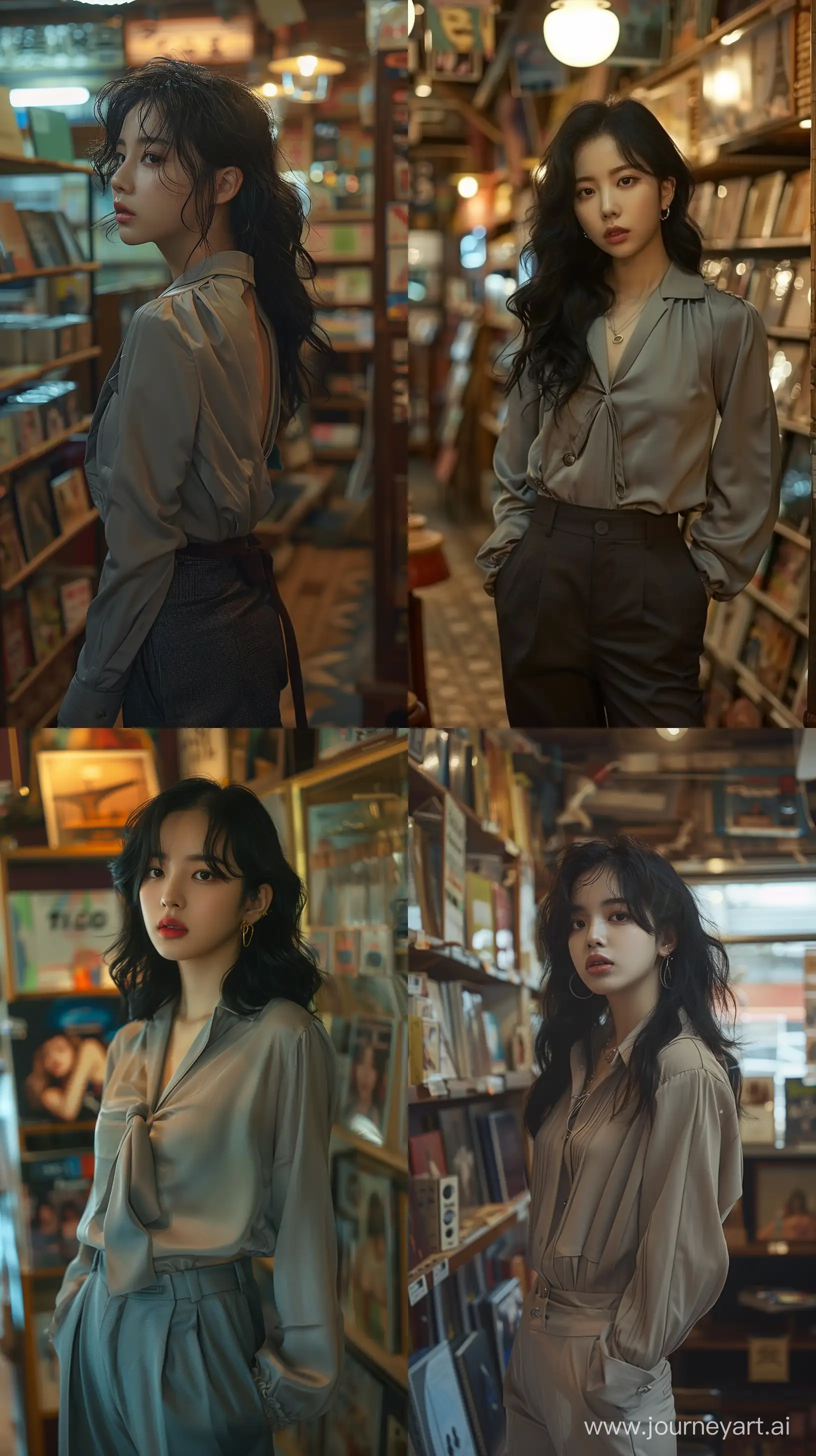 a blackpink's jennie wearing simple blouse and suit pants,wolfcut black hair,lowfilm,fujifilm shoot,standing headsup profile inside a album store,mysterious nocturnal scene, mischoevous motif --ar 9:16 --stylize 450 --v 6