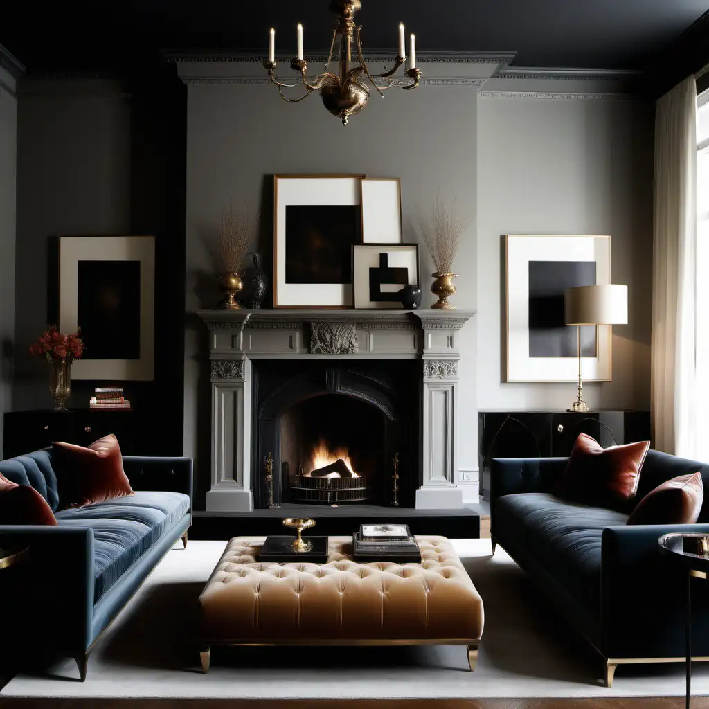 /imagine modern traditional living room with a fireplace, elegant and traditional, couches with velvet and leather
