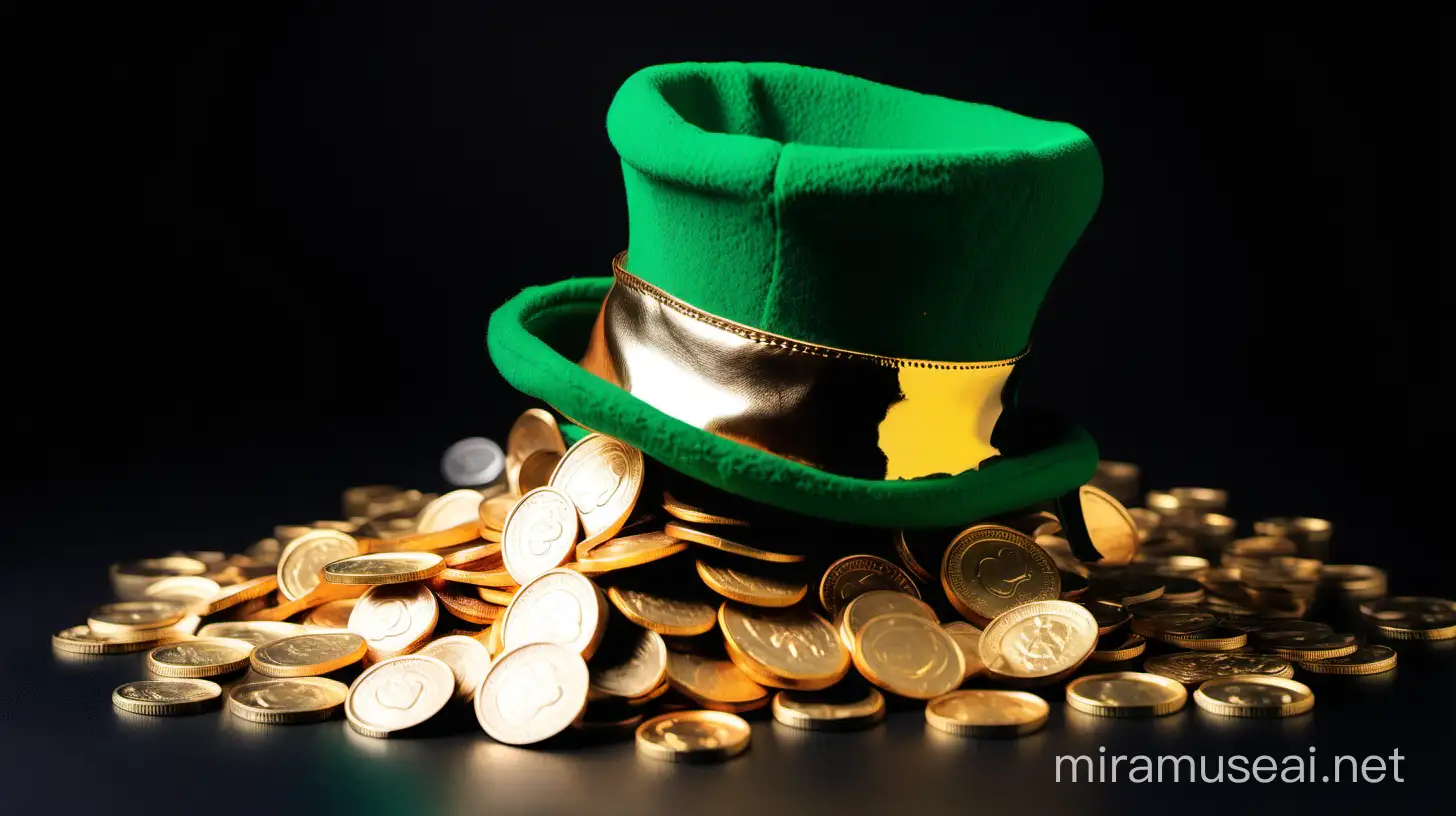 leprechaun hat, filled with gold coins, they are spilling out