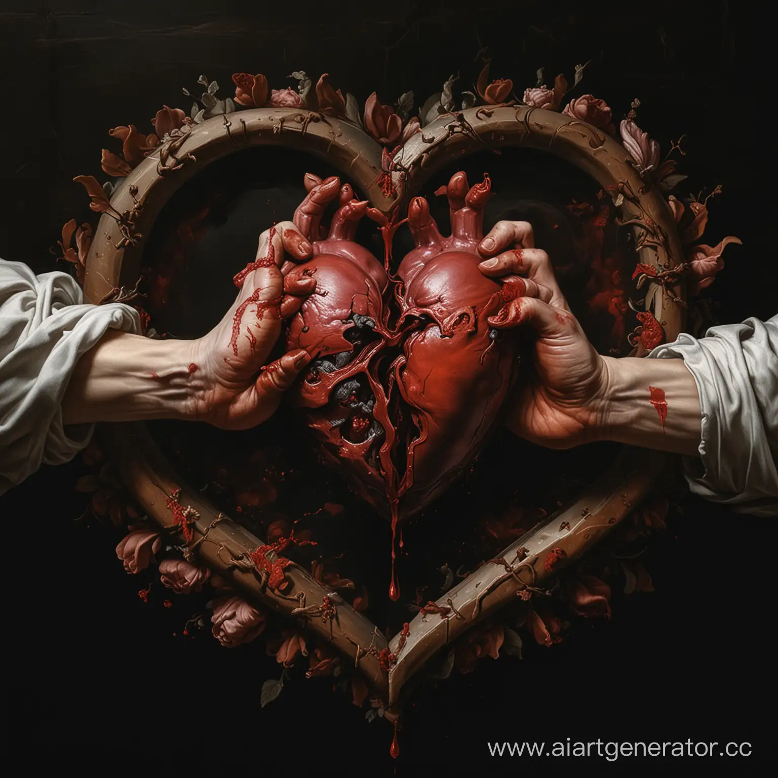 Чёрный фон, в центре изображения окровавленное человеческое сердце. К нему тянутся две руки в крови, как в Сикстинской капелле. 
